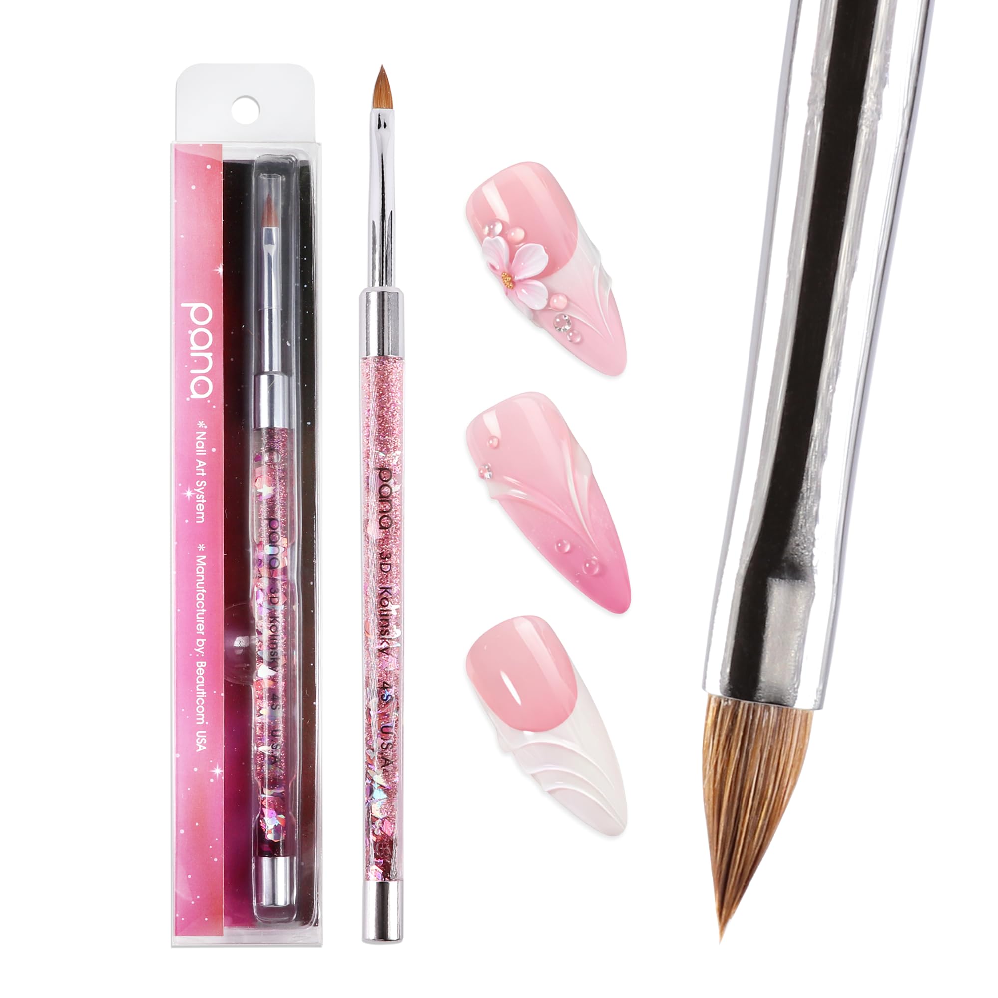 PANA 3D Kolinsky Nail Art Brush - Pink Glitter Handle, Size 4 - Acrylic Nail Art Sculpture Brush for Manicures Pedicure Salon Professional or Beginner