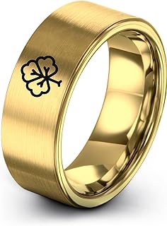Tree Lucky Clover Ring - Gift for Nature Fan - Brushed Polished - Flat Dome Bevel - Band - Men Women - Anniversary Wedding - 8mm - Tungsten - Silver Yellow Rose Gold Gunmetal - Personalized Custom Eng