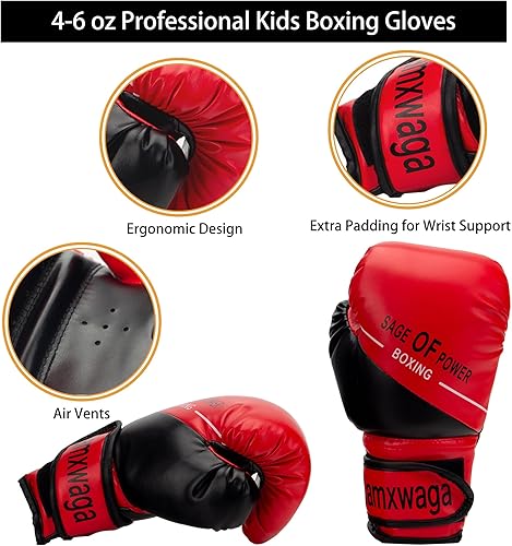 Miniatura 3 de Juego de guantes de boxeo y guantes de boxeo 3 en 1 para niños, guantes de boxeo deportivos con envolturas de mano, equipo de boxeo para niños para