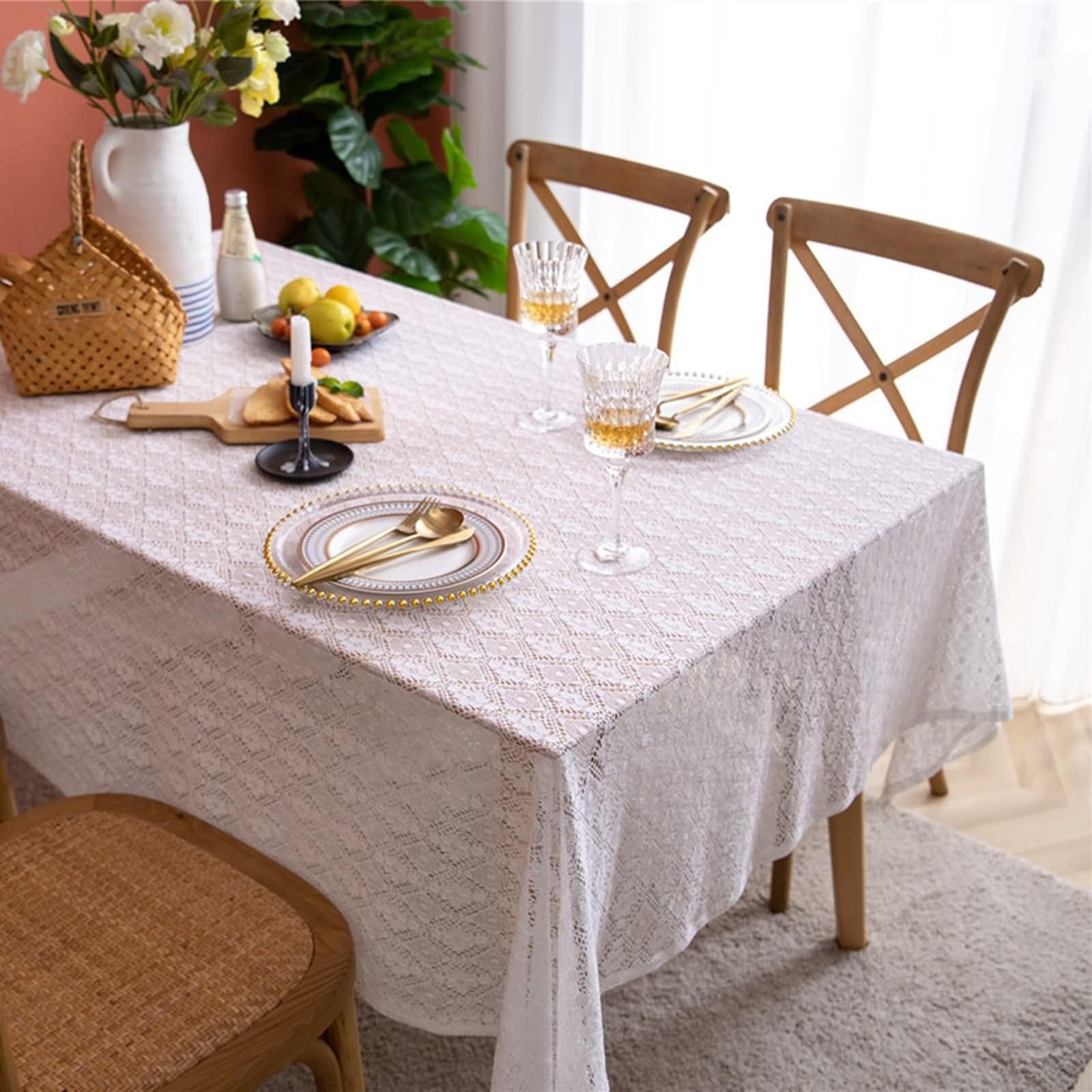 Weiß Tischdecke Rechteckig 150 x 300 cm, Baumwolle Blumenstickerei, Tischdekoration für Party