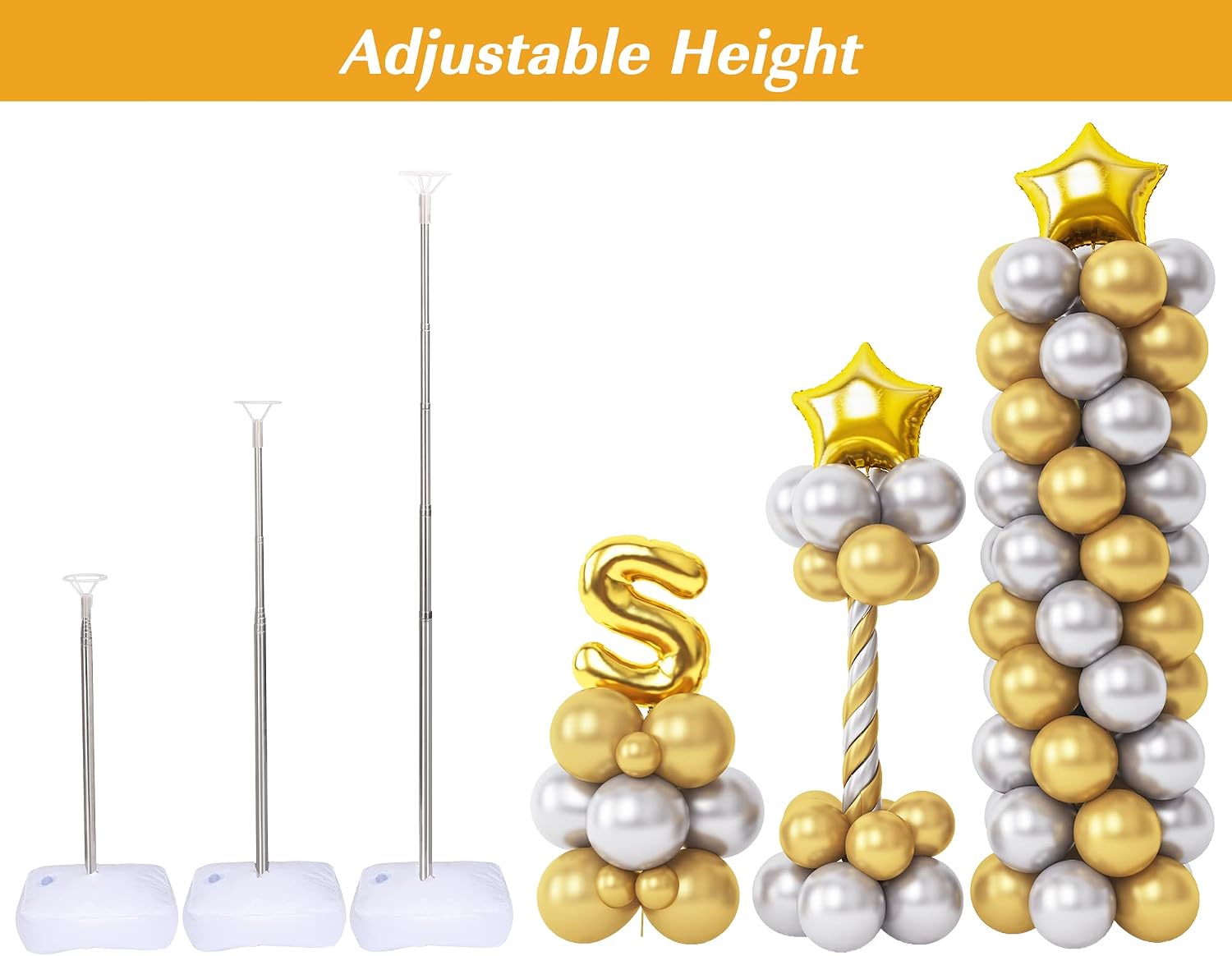 RUBFAC Balloon Stand Kit, 2 Sets of 6.6ft Adjustable Height Balloon Column Kit for Floor with Metal Telescopic Pillar for Baby Shower Birthday Party Graduation Wedding Christmas Decorations