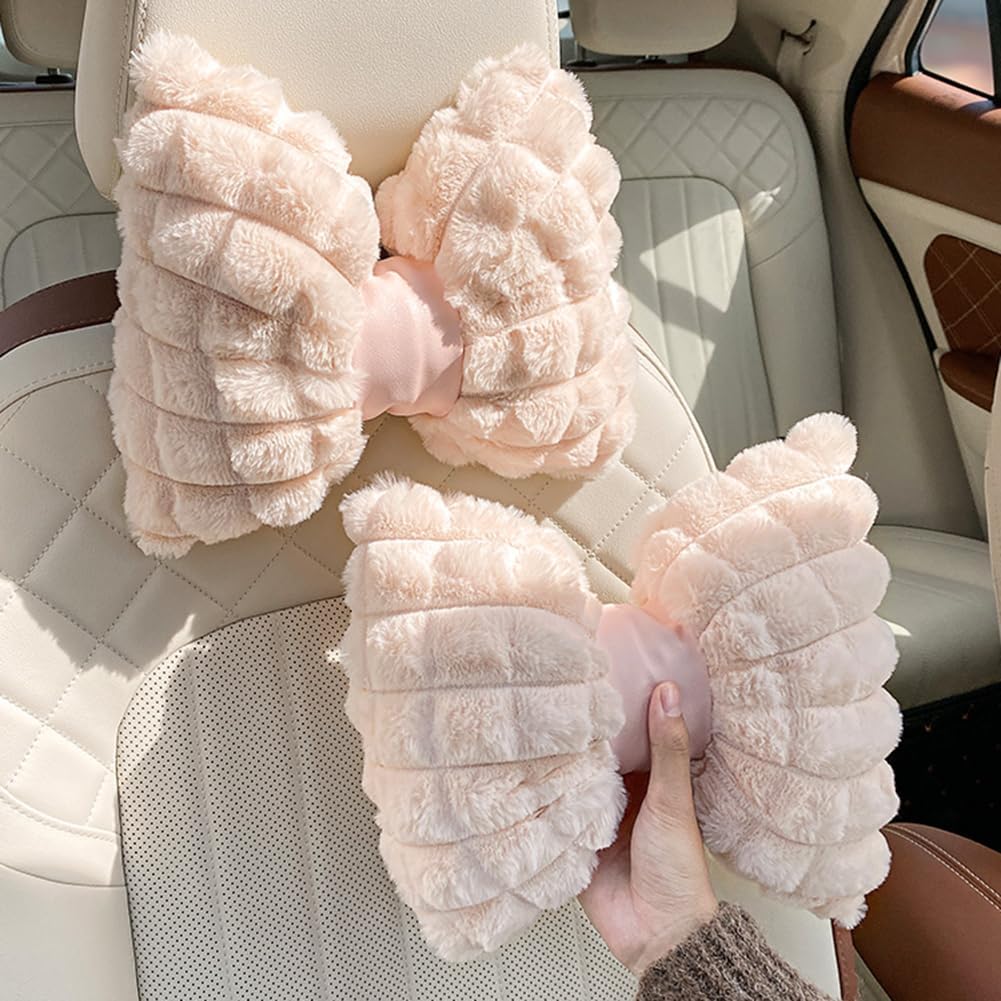 Cute Plush Car Headrest Pillow Soft Decorative Auto Neck Pillow Bow Tie Car Headrest Cushion Throw Pillow (30×24CM/11.8"×9.45", Pink)