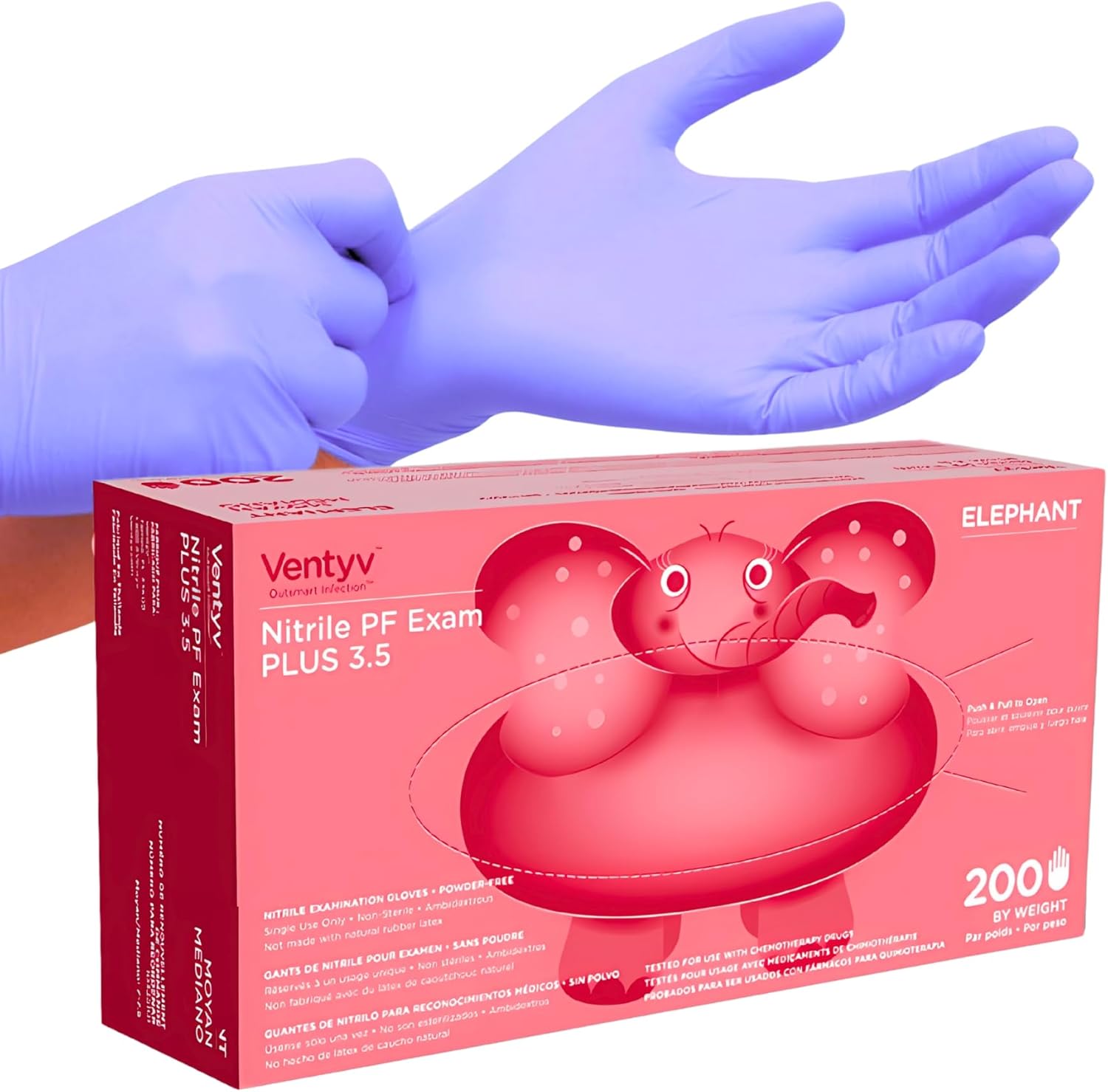 200 Nitrile Exam Gloves Box - Powder-Free, Latex-Free, Viole-Blue ELEPHANT Nitrile PF Exam PLUS 3.5