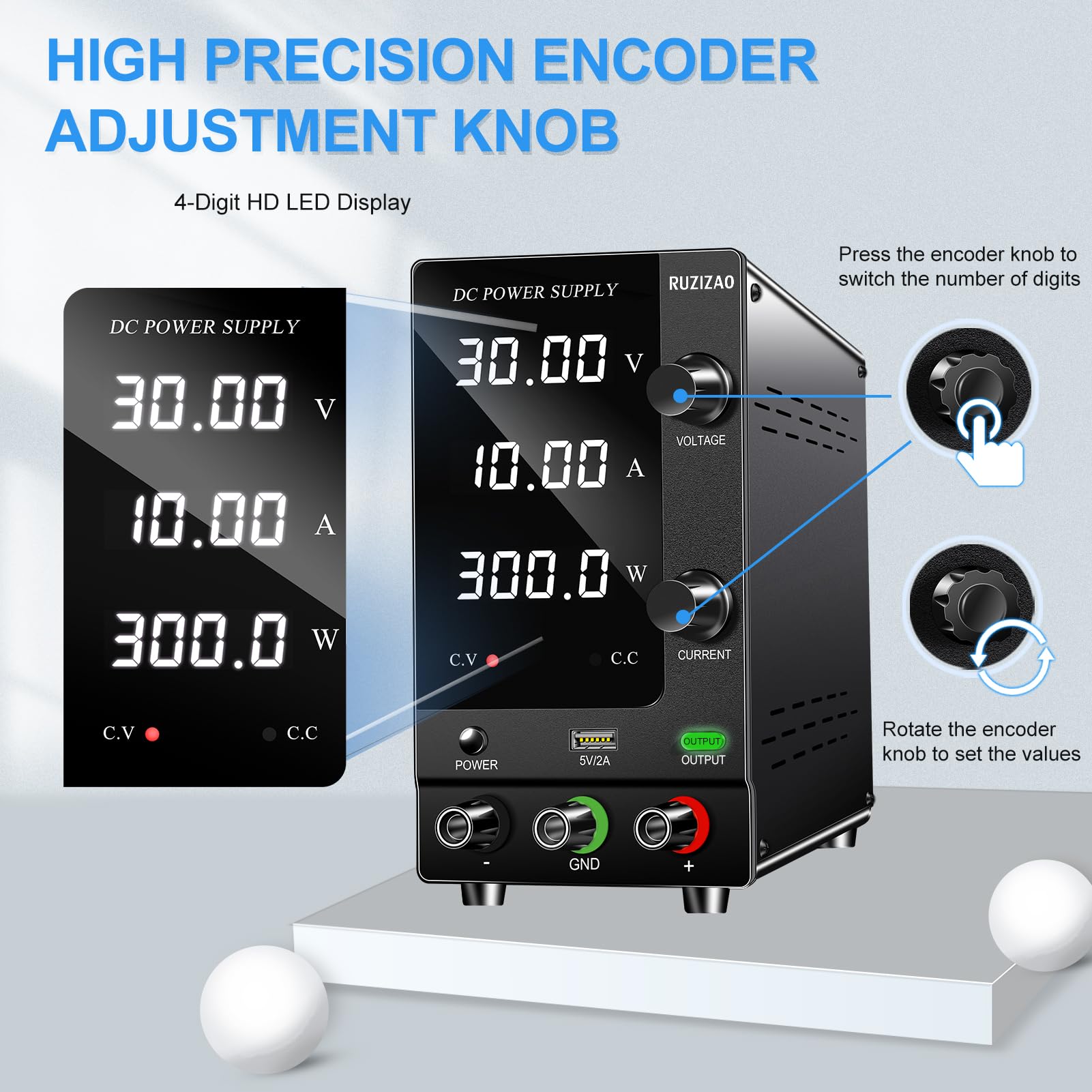 Fuente de Alimentación Regulable 30V 10A, Fuente de Alimentación de Laboratorio con Codificador y Interruptor de Salida, Fuente de Alimentación de Banco Pantalla LED de 4 Dígitos y Puerto USB