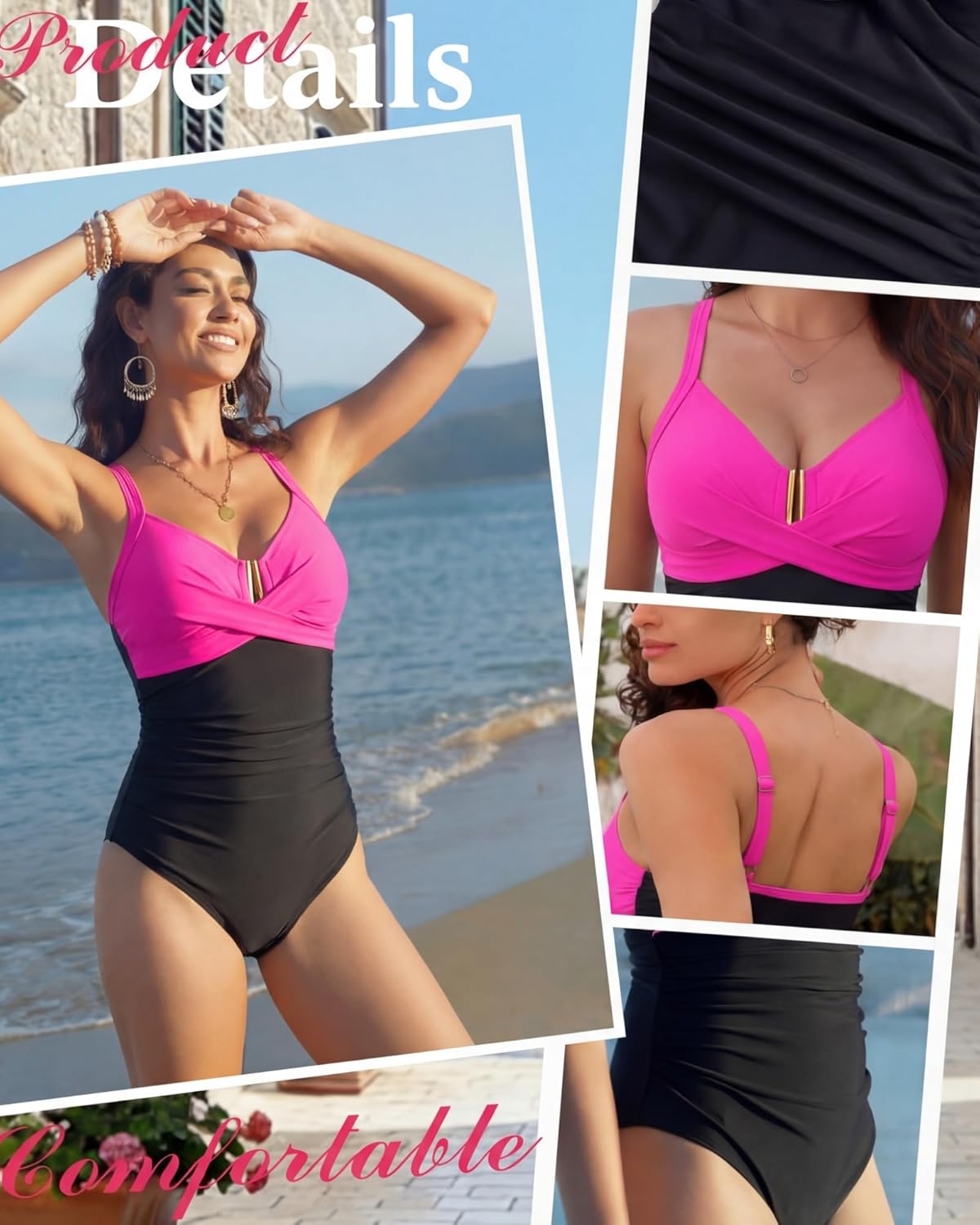 Women One Piece Swimsuit Tummy Control Ruched Bathing Suit U Wire Front Cross V Neck Swimwear Push Up Slimming Suit