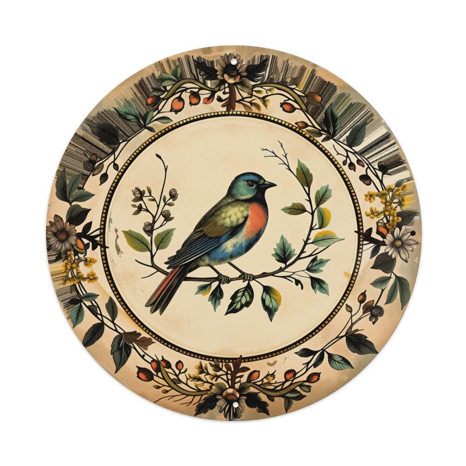 Bird Floral Branches Leaves Flowers Round Tin Sign Retro Metal Sign for Cafe Bar Pub Home Game Room Gym Club Wall Decoration Vintage Metal Poster 8x8 Inch