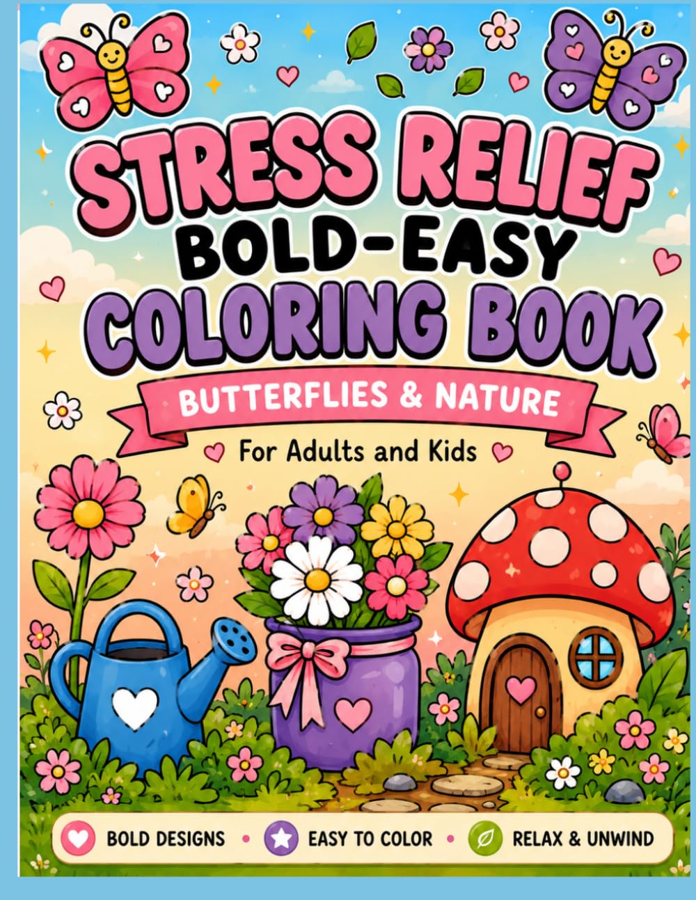 Stress Relief Bold-Easy Coloring Book: Butterflies & Nature: Large and Simple Designs for Adults, Seniors, and Kids for Relaxation and Anxiety Relief