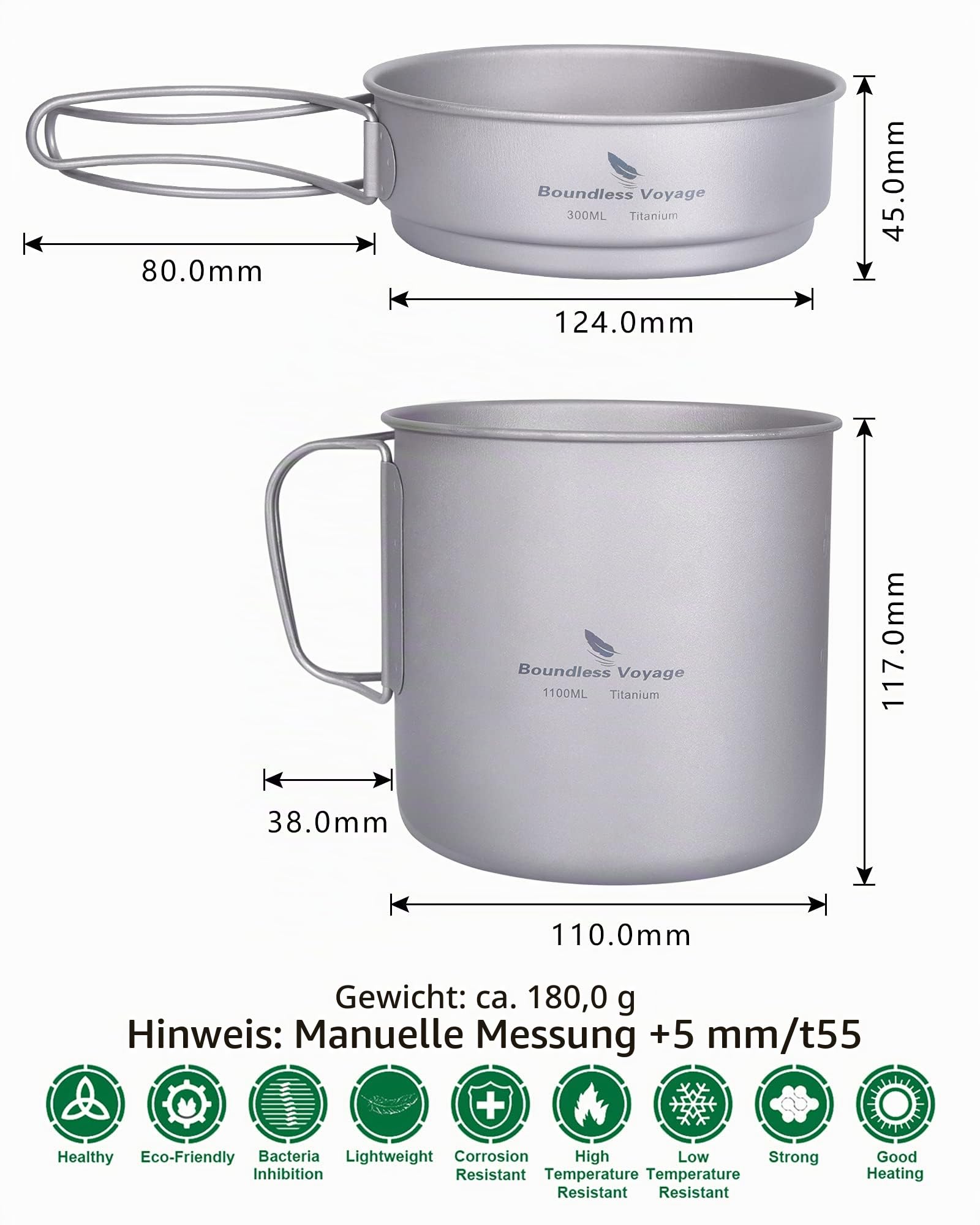 iBasingo Titan Becher Pfannen Set 1100ml & 300ml Camping Kochgeschirr Outdoor Leichtes Klein Topf Teller Set Picknick Wandern Schüssel mit Klappgriffen Rucksack Kochset für 1 Person Ti2053C