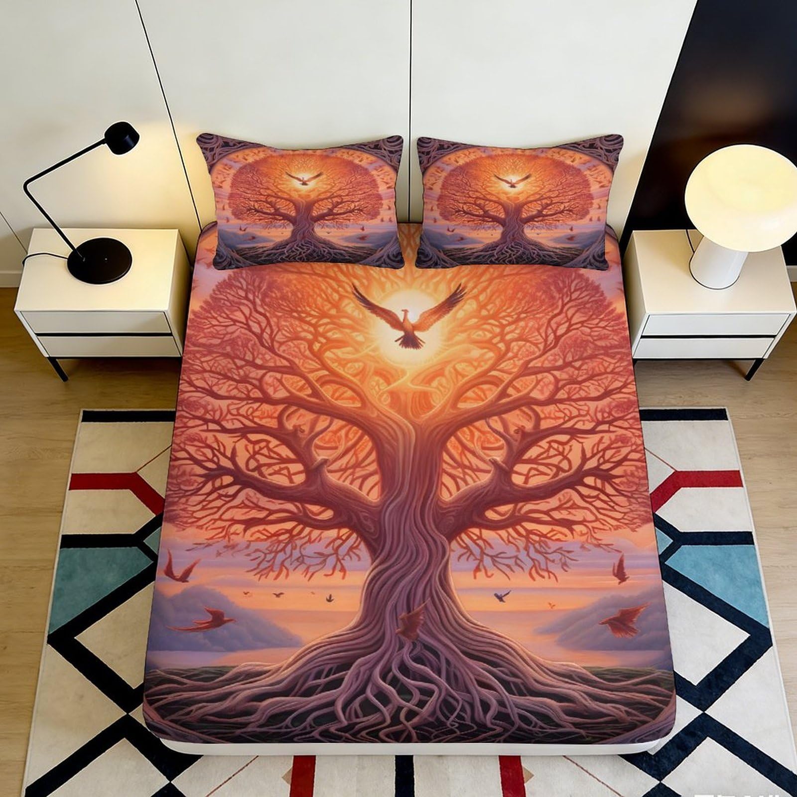 3D Printed Sunset Tree Fitted Sheet Microfiber Soft Owl Forest Bed Cover for Bedroom Dorm Mattress Decor 90x200x25cm