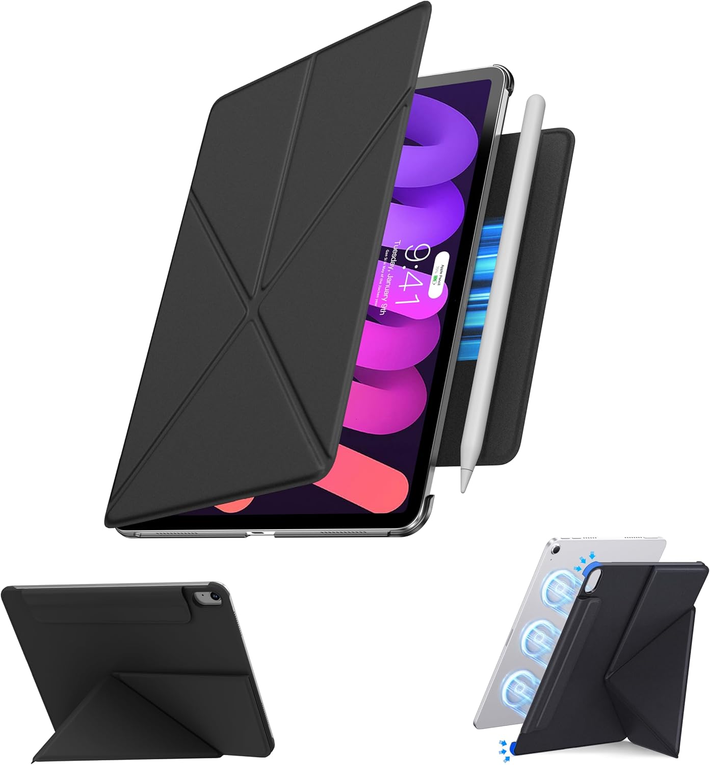 for iPad mini 7 (A17 pro) case/iPad mini 6 case, Slim Powerful Magnetic Attachment Corner Protective iPad Folio Case with Auto Wake/Sleep and Hidden Pencil Holder (Midnight Black, iPad mini 7/6)