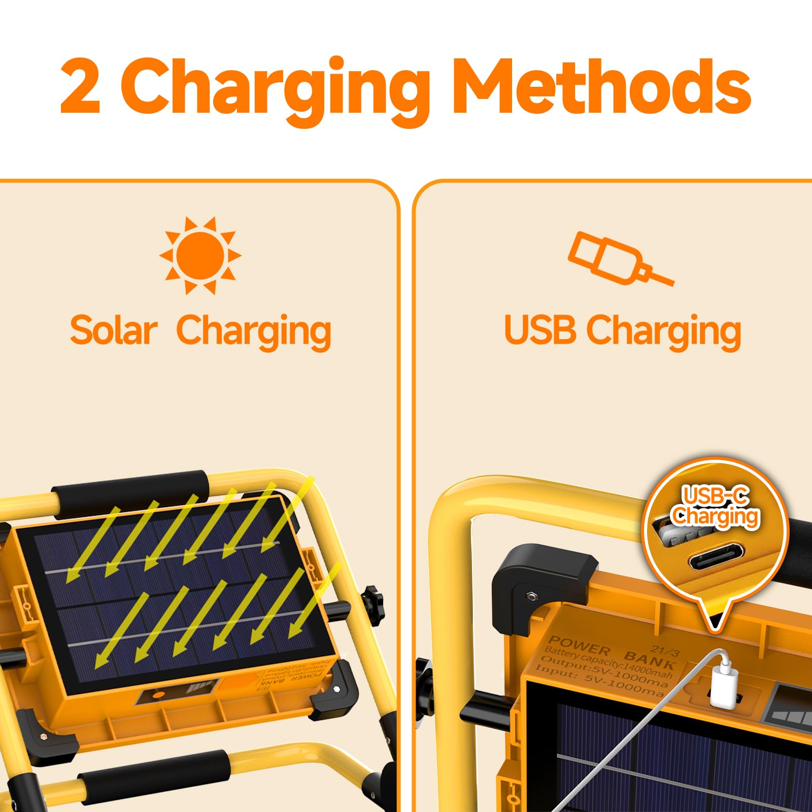 Luz de Trabajo LED Solar Portátil 100W, 120 LED Foco de Trabajo Recargable por USB y Solar, 4 Modos Impermeable 14000mAh Baterías Power Bank para Reparación de Automóviles, Garaje, Taller, Camping