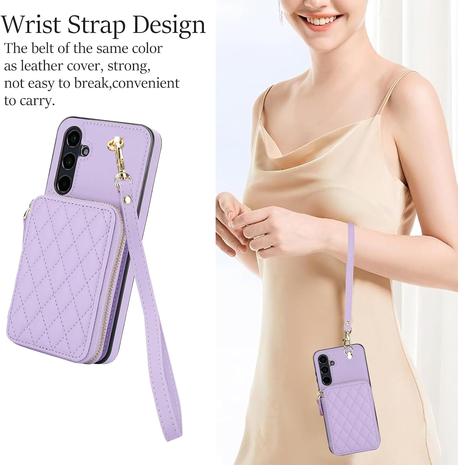 Phone Case for Samsung Galaxy A55 5G Wallet Cell Cover with Tempered Glass Screen Protector Wrist Crossbody Strap Lanyard Stand RFID Blocking Credit Card Holder Slot A 55 55A A555G Women Girls Purple