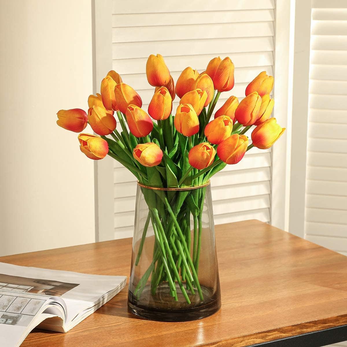 Kisflower 30Pcs Latex Tulips Real Touch Red and Yellow Artificial Flowers Fake Tulips Arrangement Bouquet for Home Office Wedding Decor (Red and Yellow)