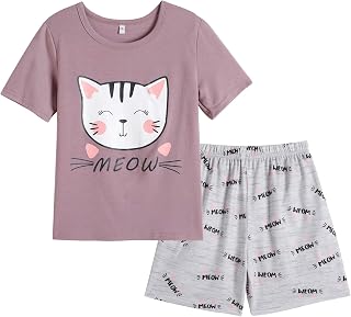 Big Girls Summer Cute Pajama Sets Striped Hearts Shape Printed Sleepwear