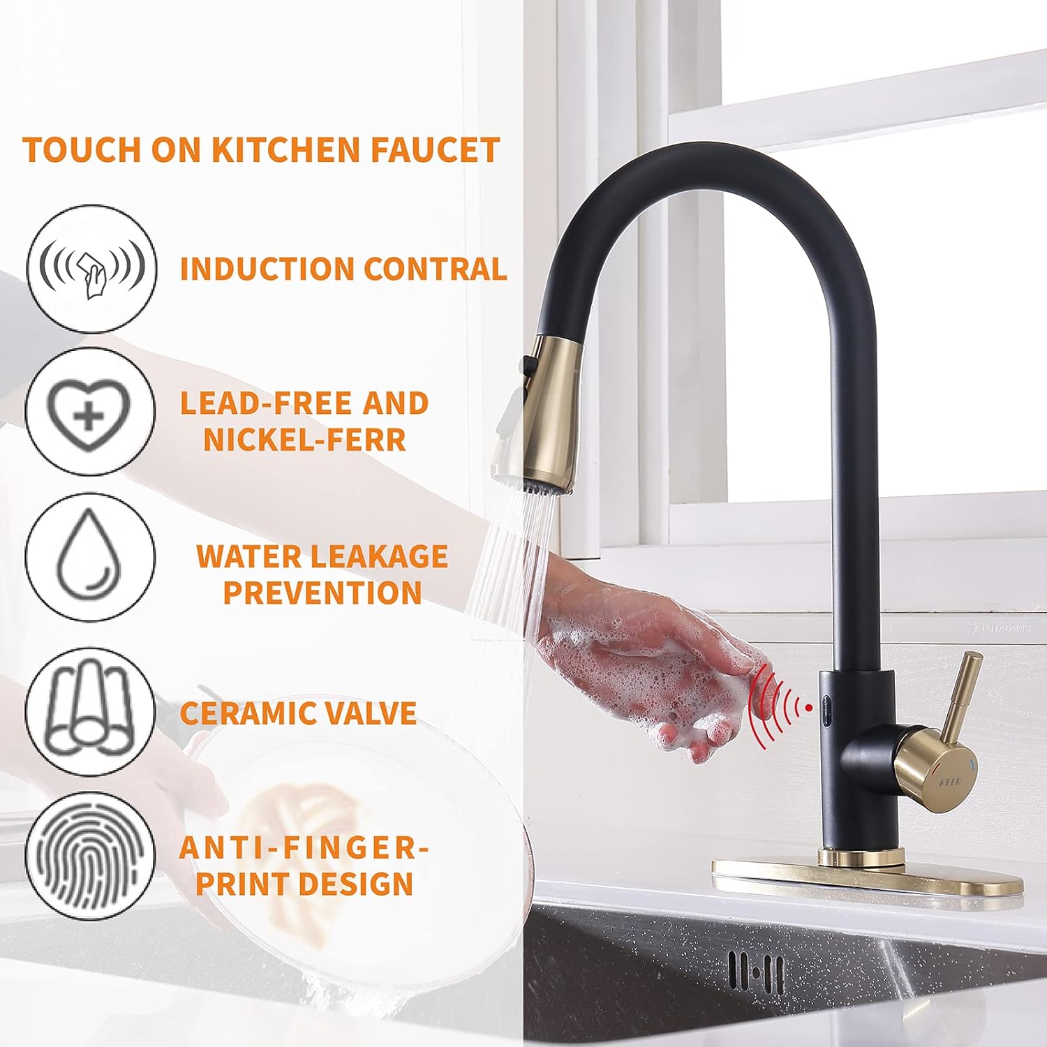 Touchless Kitchen Faucet with Pull Down Sprayer, Motion Sensor Kitchen Faucet with Kitchen Soap Dispenser, Single Handle Pull Out Faucet for Kitchen Sink,Black and Polished Chrome