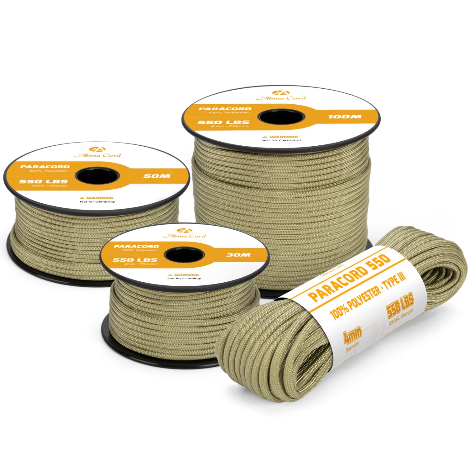 Abma Cord 550 Paracord 4mm 30m Rope 7 Strands Type III Parachute Cord for Crafting, Camping, Survival, Outdoor - Max. 250kg - Holy Guacamole