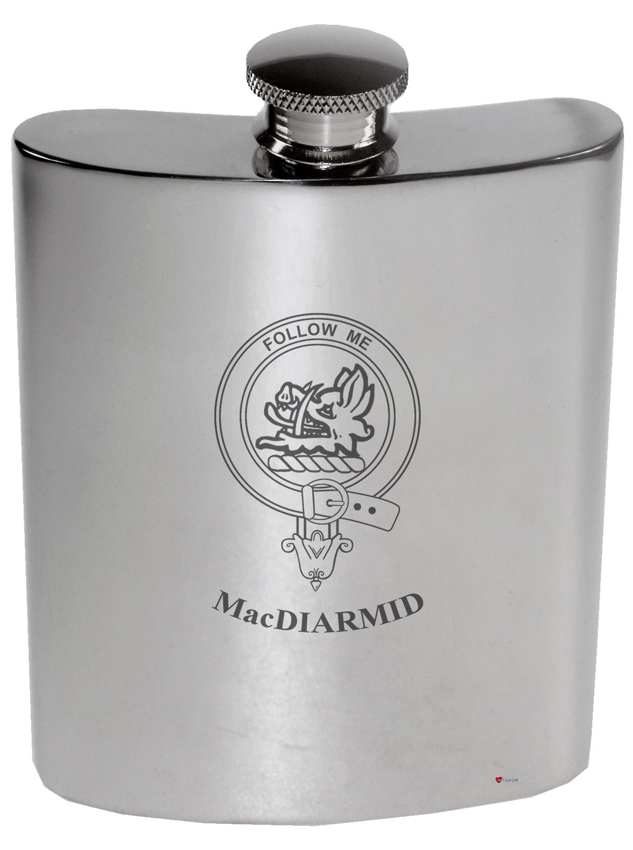 Flacon de rein MacDiarmid en étain poli 6 oz avec crête de famille