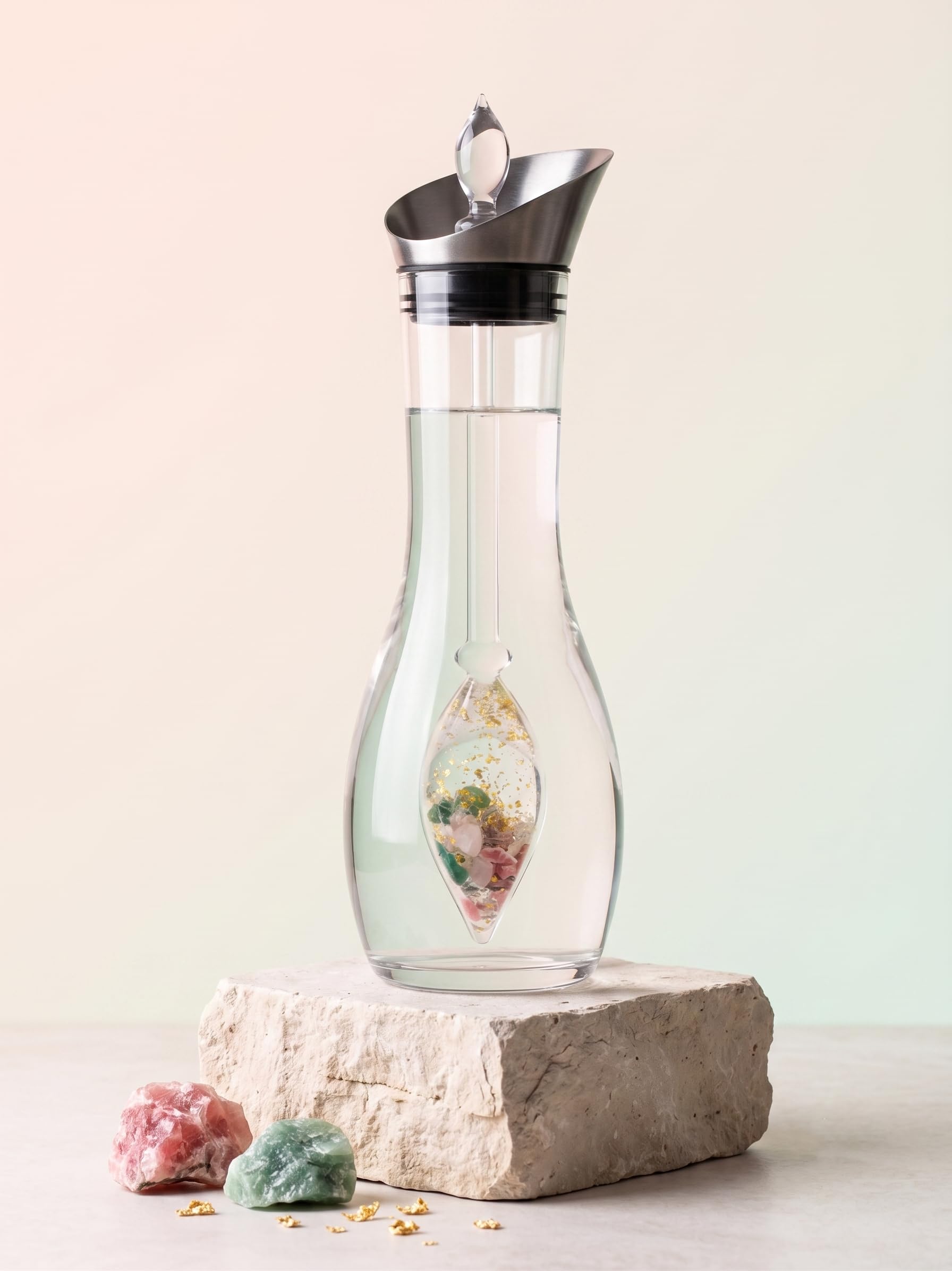 VitaJuwel Era - Jarra de agua con piedras preciosas de oro de 24 quilates, rodocrosita, aventurina, cuarzo rosa, cristal de roca, autoestima, luminosidad y fuerza