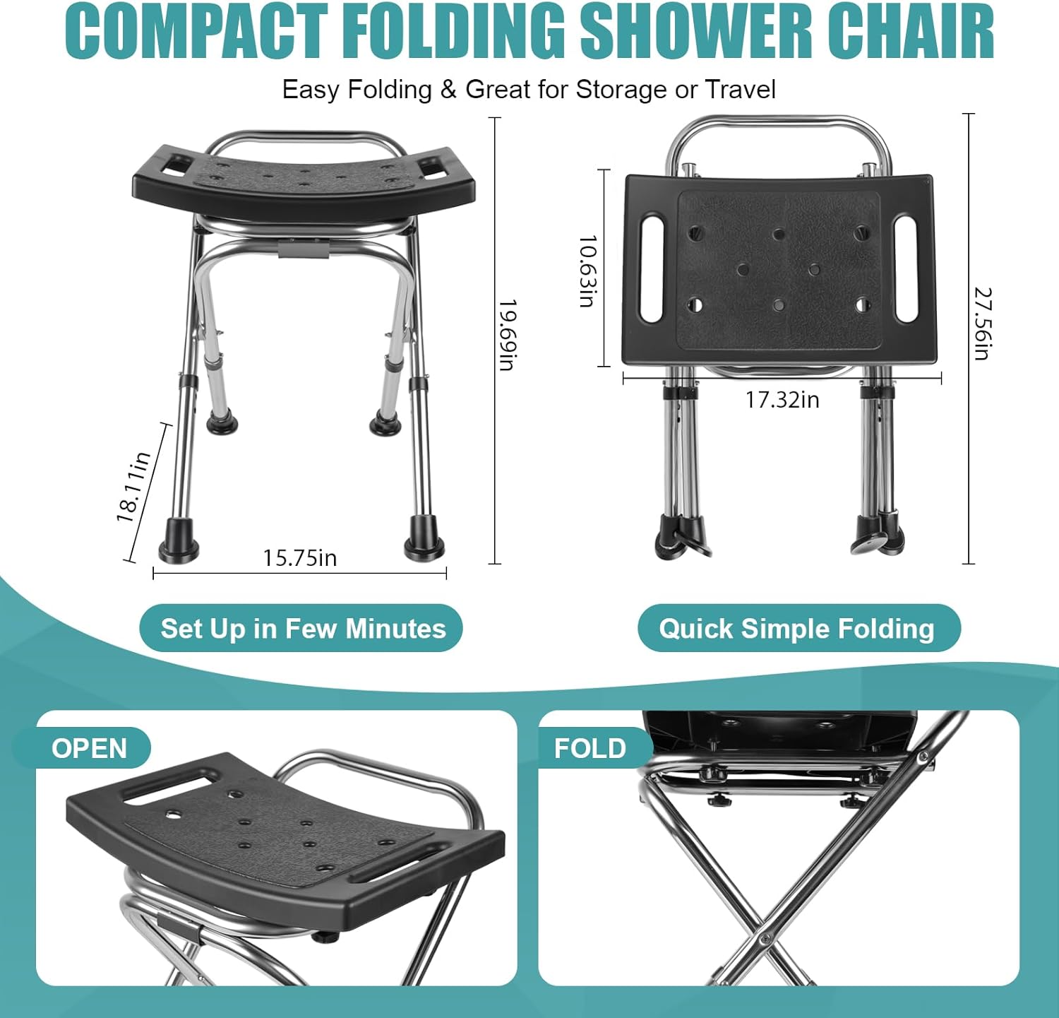 folding shower chair seat,height adjustable shower chair seat,stainless eligible shower chair for inside shower,400lbs portable travel shower stool,safety anti-slip bath chair for seniors(black)