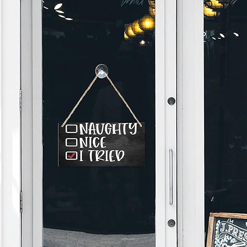 Miniatura 6 de Cartel de madera con texto en inglés "Naughty Nice I Tried", divertido letrero de madera para colgar en la pared, porche delantero, baño, 6 x 12