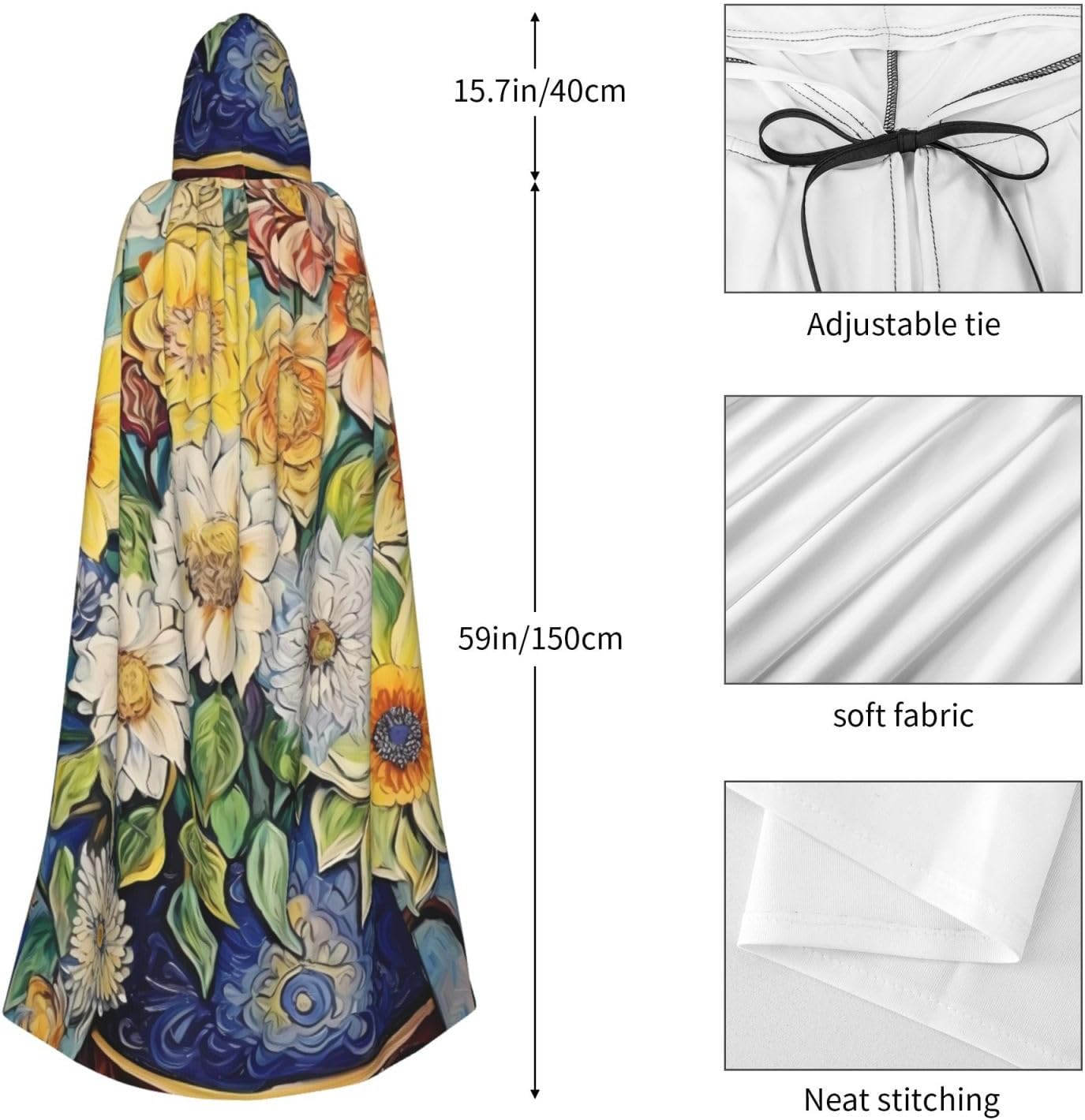 Unisex Full Length Hooded Halloween Christmas Party Robe Cloak Cape Cosplay Costume Men Women Oil On Canvas Flowers Prints Black