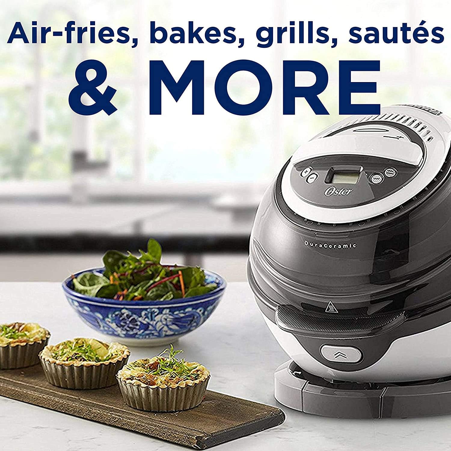 Oster Dura Ceramic Air Fryer with various cooked foods like mini quiches and a salad bowl, indicating its multi-cooking capabilities.