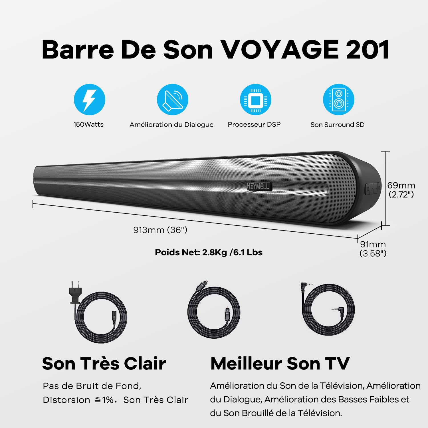 150W 91cm Barre de Son Caisson de Basse Intégré 6 Haut-parleurs, Clear Voice Bar de Son TV 32 à 55 Pouces, HDMI Arc (Puce dédiée) Optique AUX Support Mural.