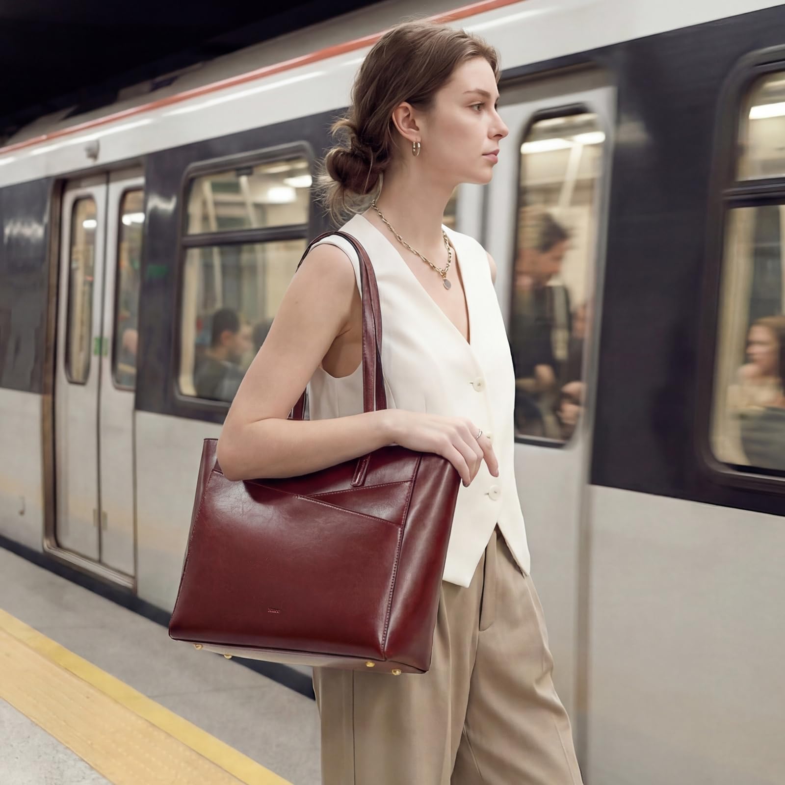 Kattee Bolsas de trabajo para mujer, bolsa grande de cuero con compartimento para laptop, bolsos de viaje