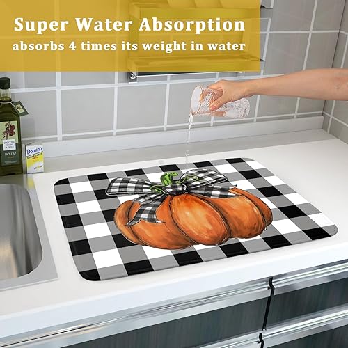 Miniatura 7 de Tapete de secado de otoño para encimera de cocina, de 18 x 24 pulgadas, color negro y blanco, diseño de calabaza, cosecha de Acción de Gracias,