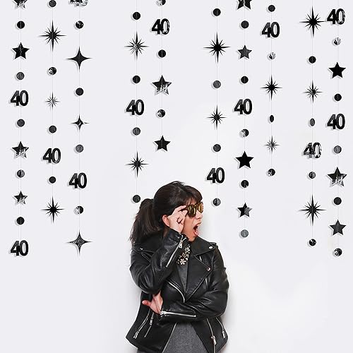 Miniatura 22 de Decoraciones de cumpleaños número 40 color azul marino con el número 40, guirnalda de estrellas centelleantes metálicas, para colgar en banderines