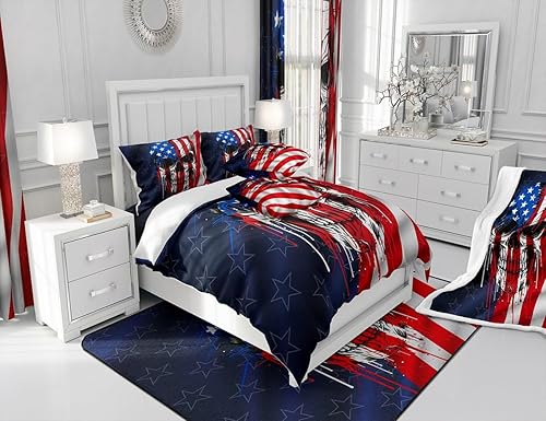 Miniatura 6 de Manfei Juego de sábanas de calavera tamaño matrimonial, juego de ropa de cama de calavera con bandera estadounidense para decoración de habitación