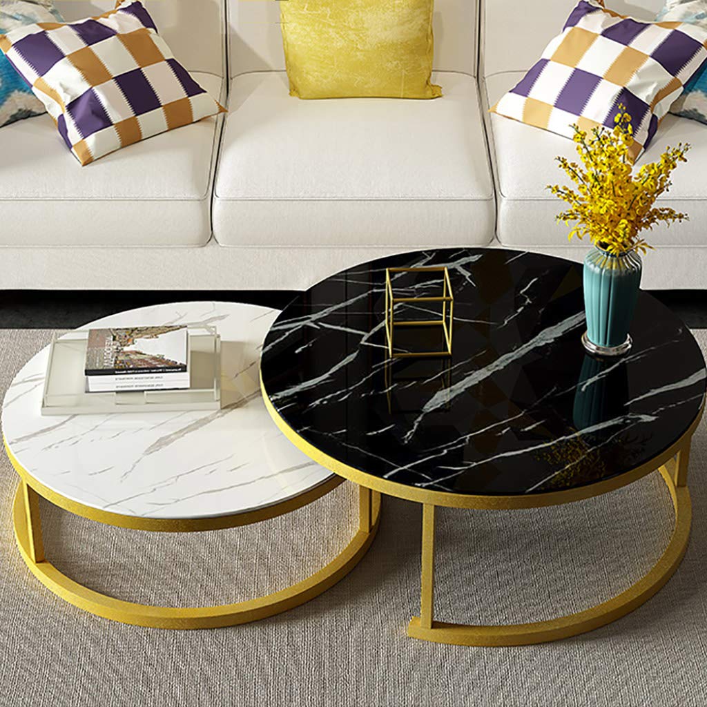 Set of 2 Round Stackable Coffee Tables for Living Room Elegant Marble Texture & Metal Nesting End Modern Side Small Spaces Stylish Decor