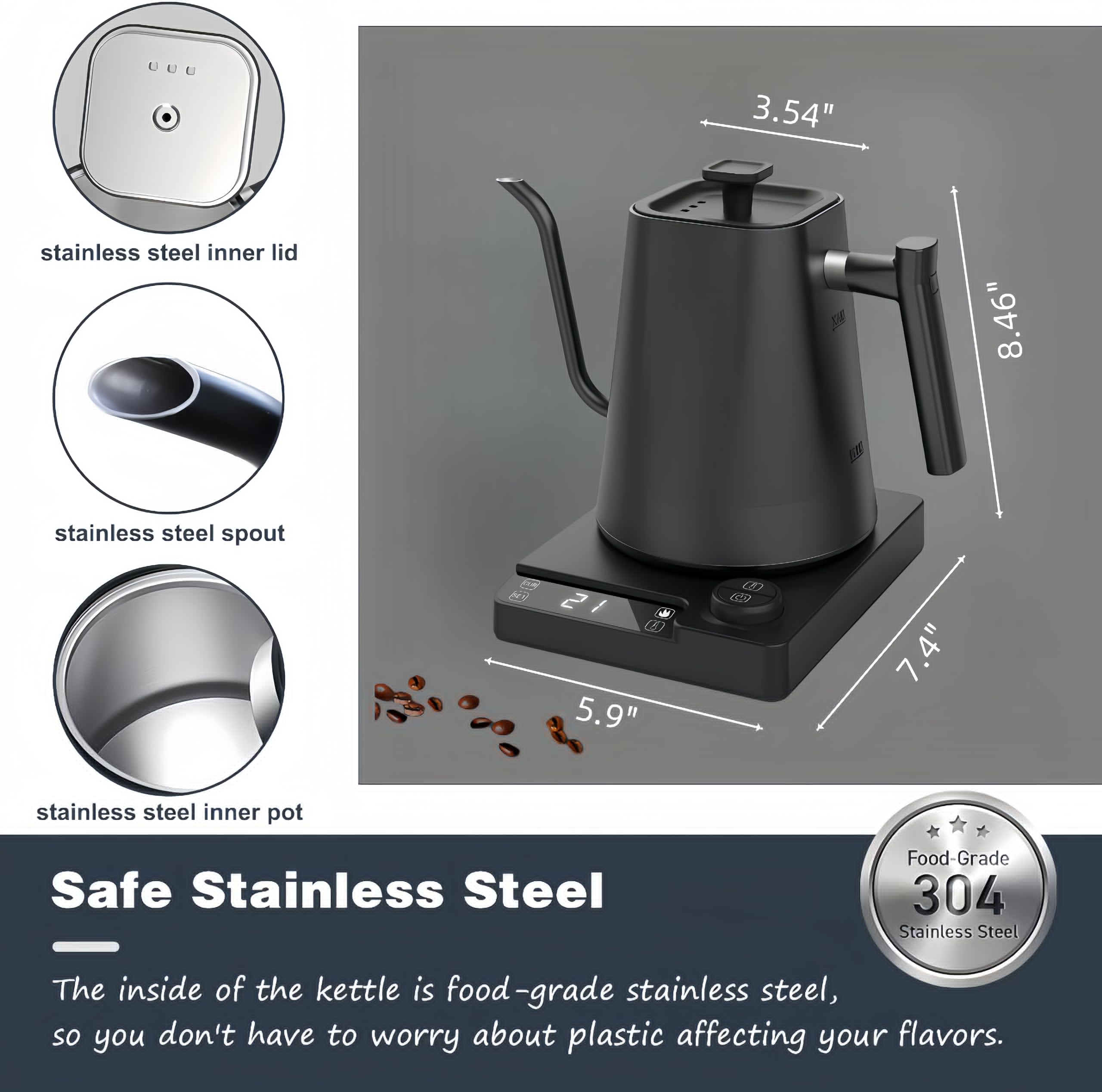 Hervidor eléctrico de cuello de cisne de 1 L para café y té, hervir rápidamente, hervidor de agua de 1200 W, hervidor de agua de acero inoxidable (black A)