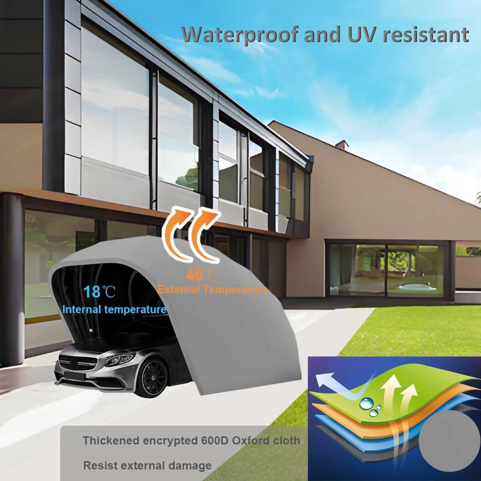 Garage Pieghevole Semiautomatico Inox Spessore Carport Resistente Venti 129km/h Protezione Anti-Grandine Telaio 300kg Grigio 5,9x2,7x2,45m