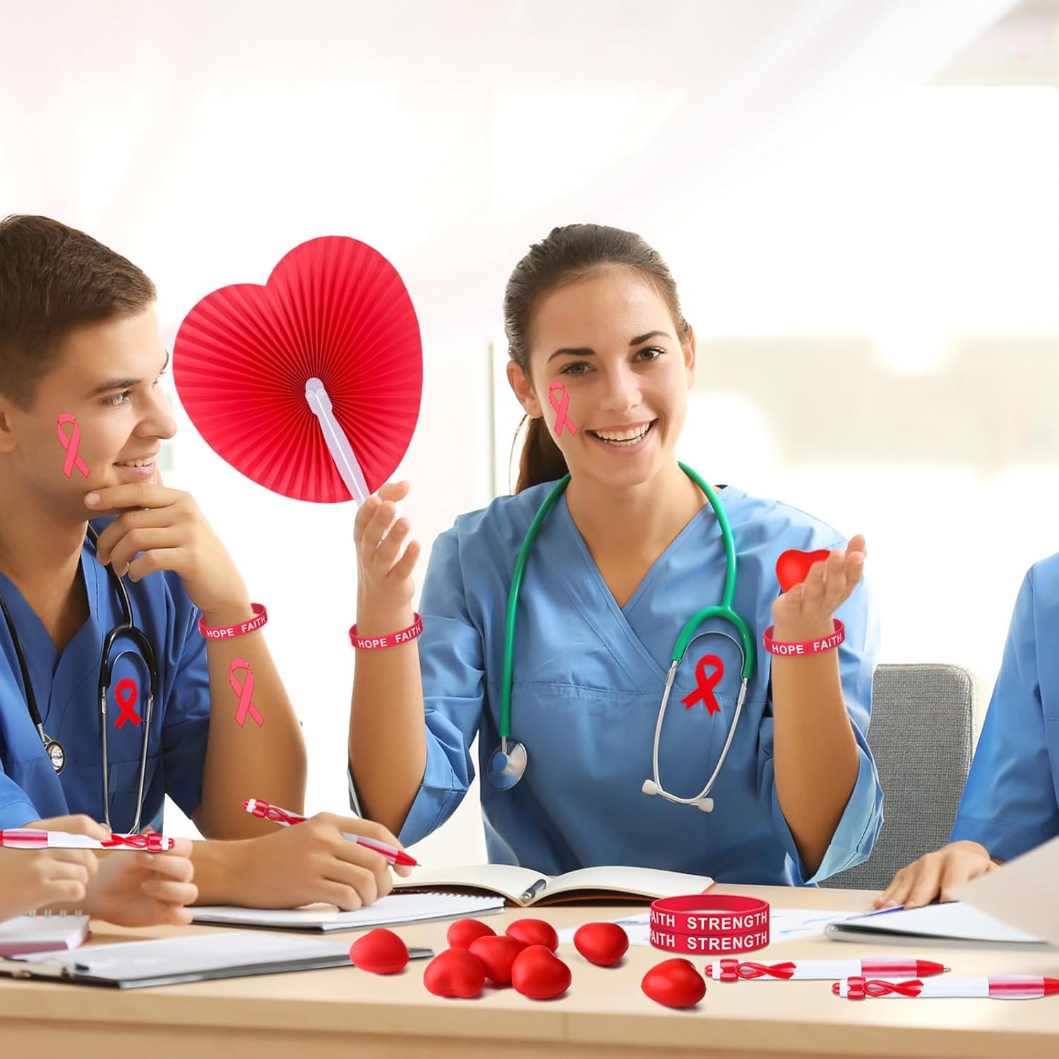 150 Pcs Red Heart Health Awareness Items Bulk Red Ribbon Awareness Stickers Stress Football Folding Fan Tattoo Sticker Silicone Bracelet for Heart Health Month Charity Events Gifts Supplies - Image 4