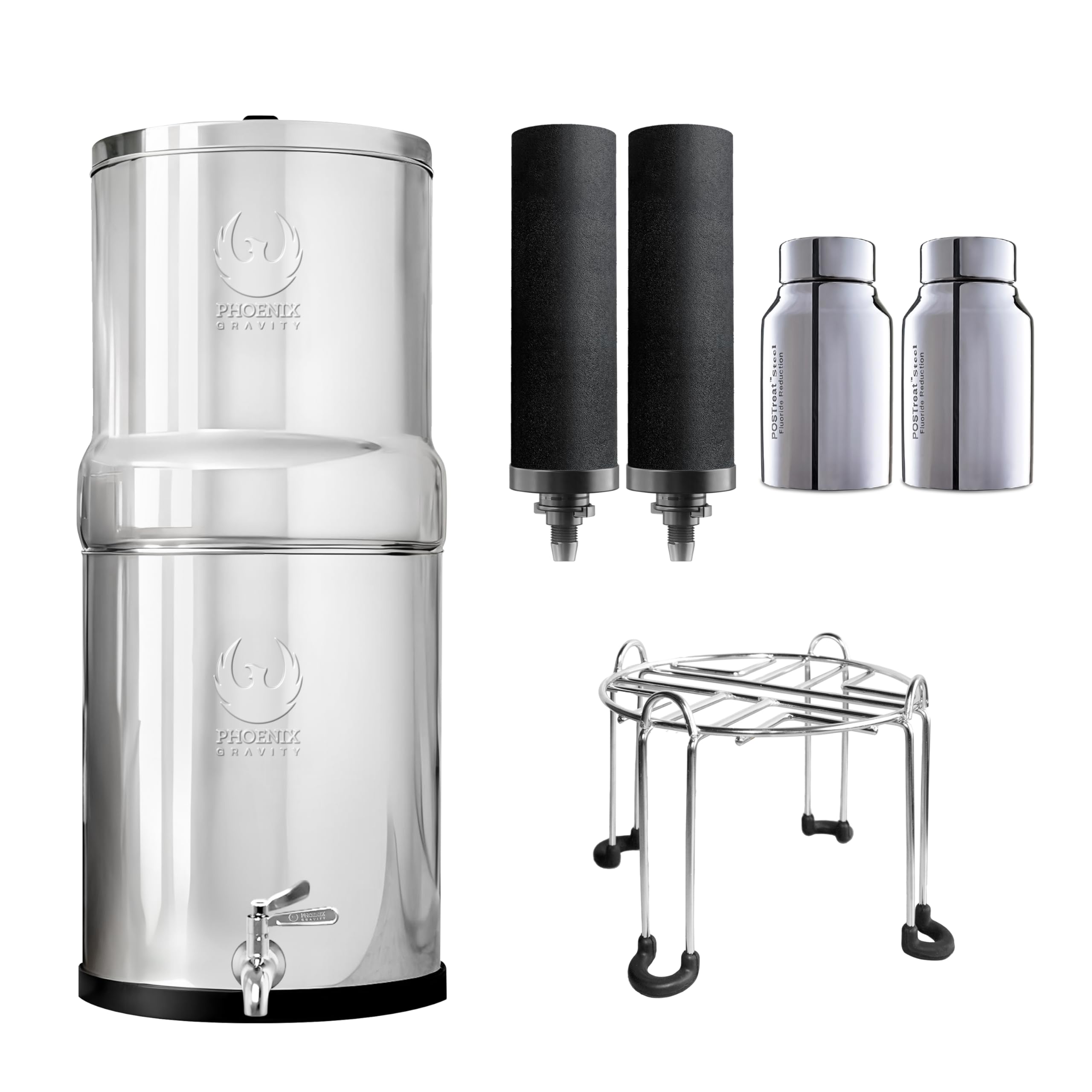 Phoenix Gravity - 6-Liter-Edelstahl-Wasserfilter (NSF/ANSI 42- und 372-zertifiziert) mit 2 Carbon-Filterkartuschen und 2 POSTreat Steel-Filterkartuschen zur Fluoridentfernung, inklusive Stahlständer