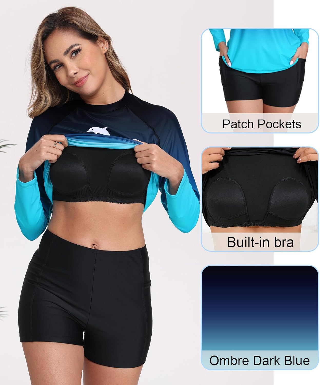 Halcurt Women's Built in Bra Rash Guard Long Sleeve Swimwear UPF 50 Two Piece Swim Shorts and Tops - Image 5
