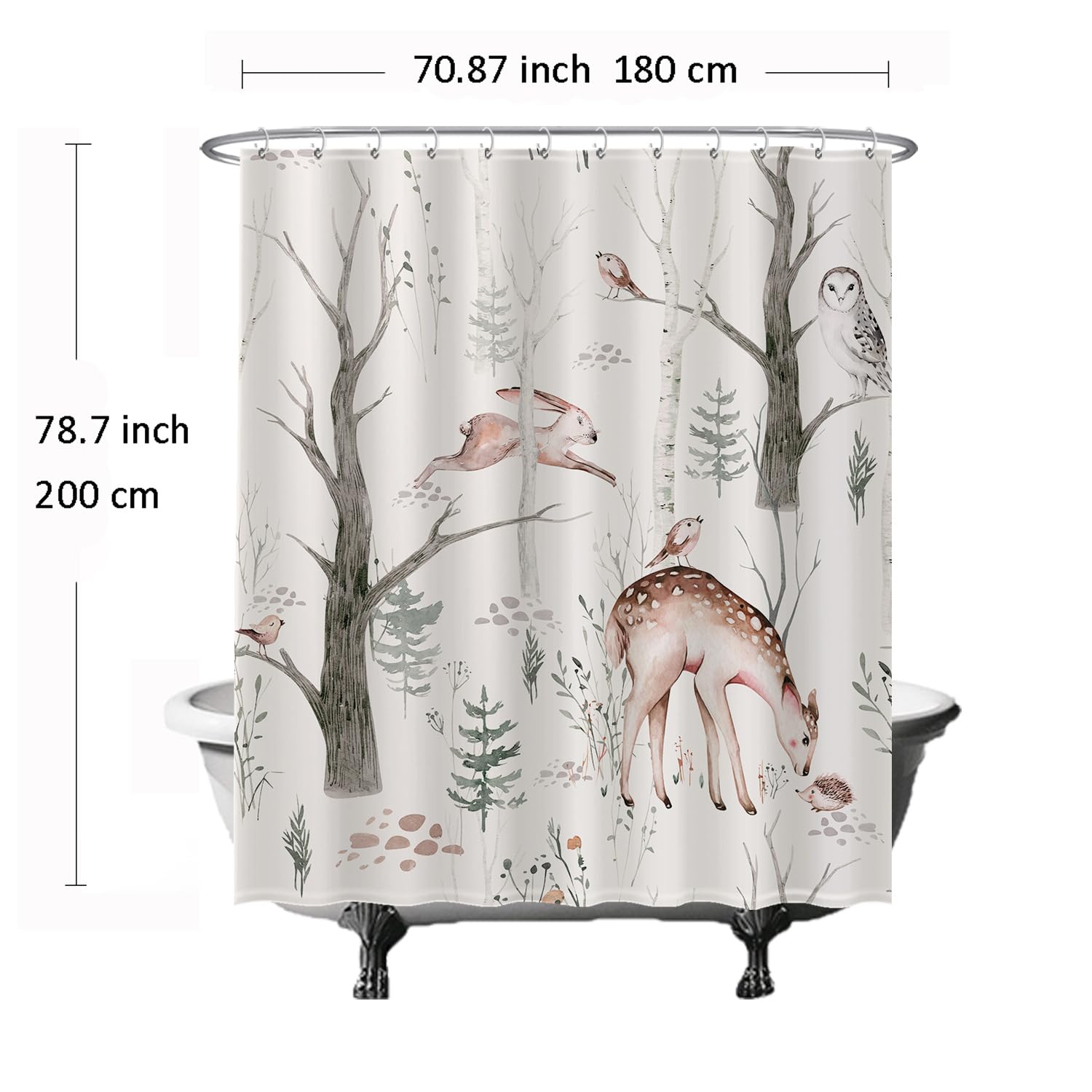 Ulticool Shower Curtain, Owl Bird Deer Animals Nature Watercolor, 180 x 200 cm, Washable, Anti Mold, Waterproof - Image 2