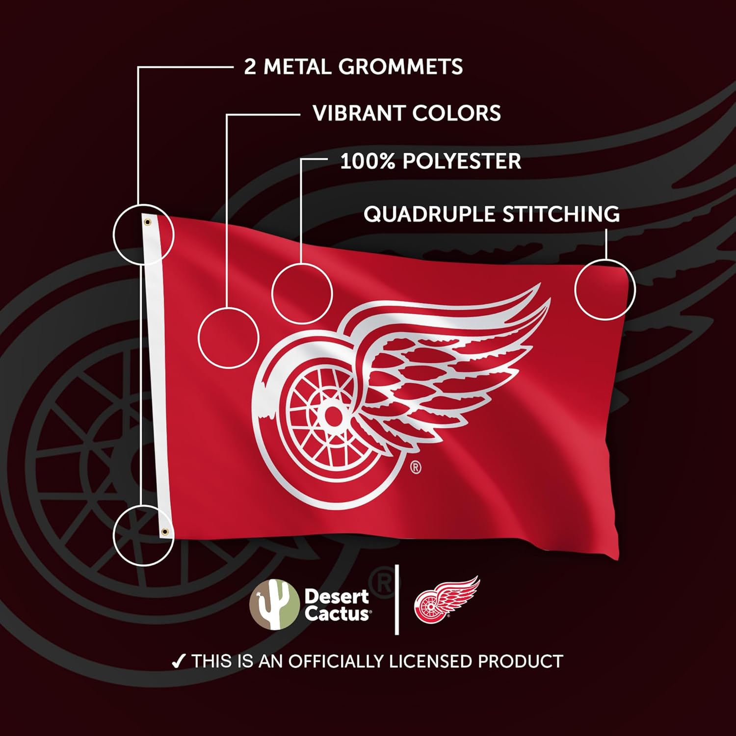 Desert Cactus Detroit Red Wings Flag NHL 100% Polyester Indoor Outdoor 3x5 feet National Hockey League Team Flags (Design #1) - Image 4