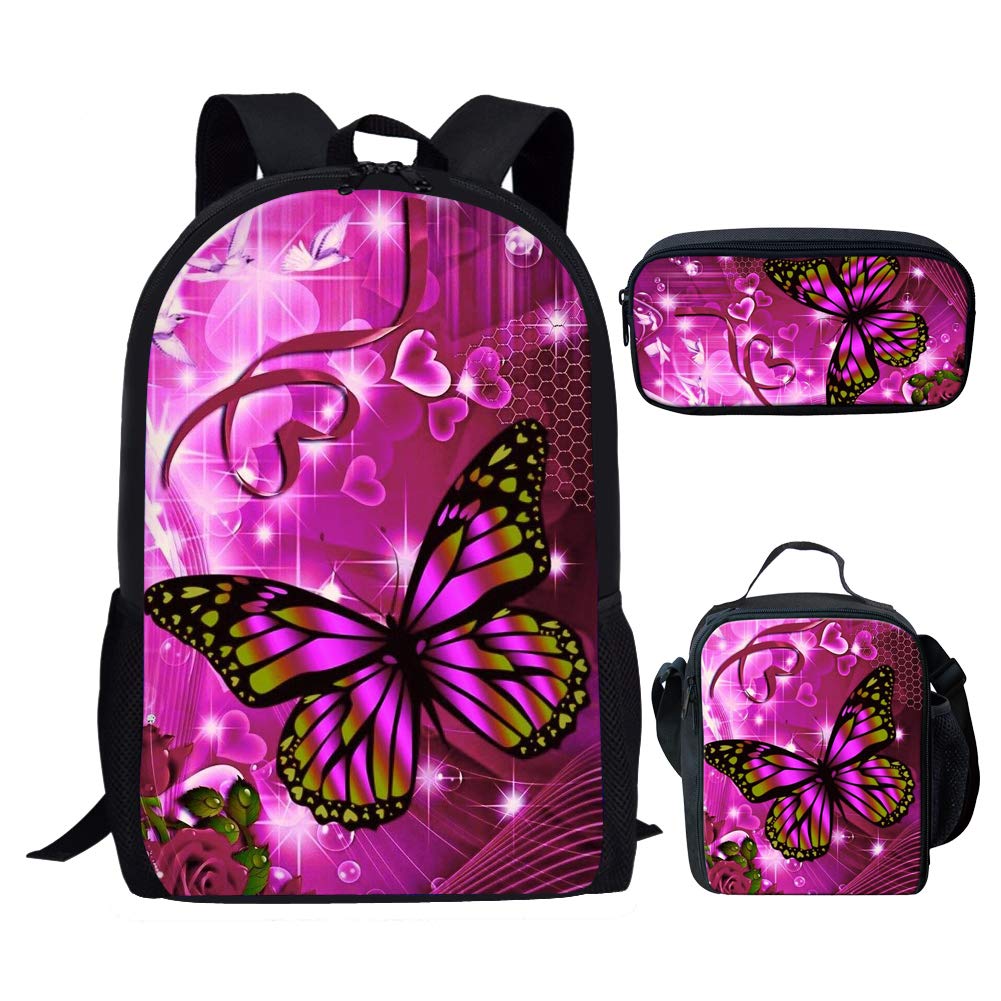 Mochila escolar rosa neón mariposa con bolsa de almuerzo para niñas niños bolsa de libros y lonchera estuche para lápices Set de mochila para niños, color, 5.0cm*10.5cm*20.5cm, Estuche para lápices