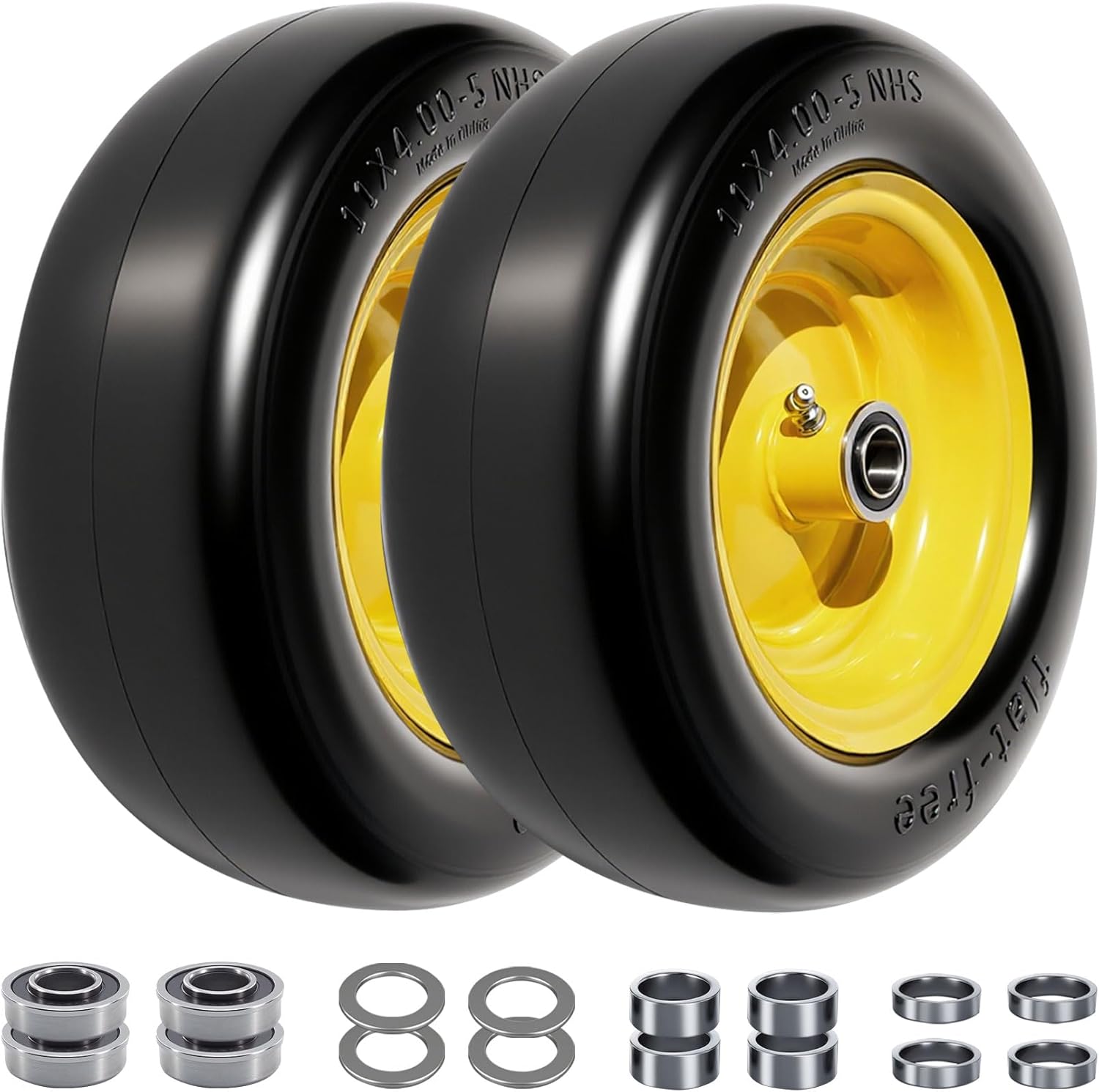 11x6.00-5” Tires for Zero Turn Mower, Flat Free Tires with 3/4" & 5/8" Bearings, 6"-8" Hub, 11x6x5 Solid Tire Fits Zero Turn Mowers and riding lawn mower, 400LBS (Black, 2 pack)