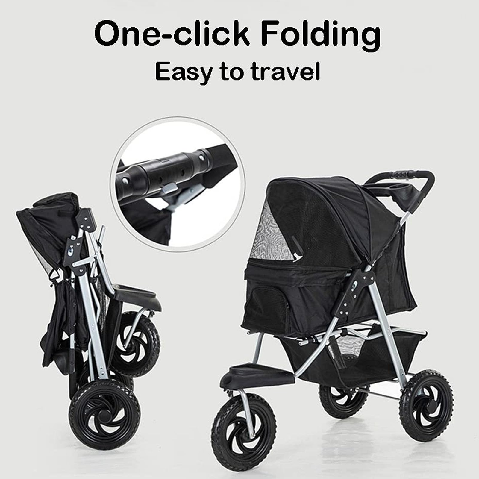 Passeggino per Cani da Compagnia con 3 Ruote Grandi, Passeggino da Viaggio Pieghevole per Cani con Cestino portaoggetti, Passeggino da Viaggio per Cuccioli,Rosa