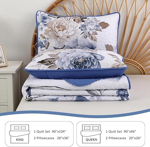 Miniatura 7 de WONGS BEDDING Juego de edredón floral de 3 piezas con estampado botánico elegante de color azul, para todas las estaciones, juego de colcha