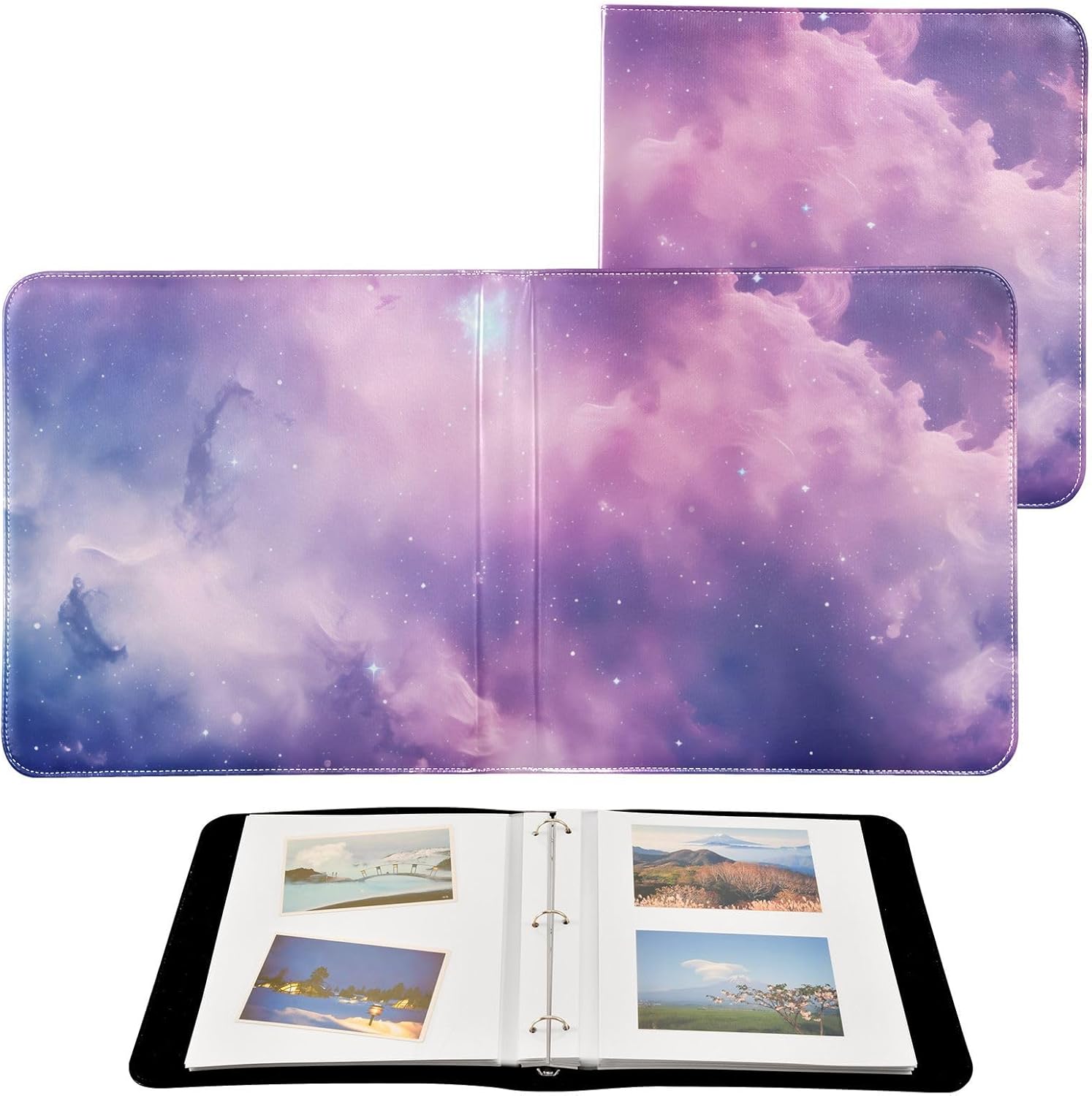 JIPONI Purple Starry Sky Cloudy Large Photo Album, DIY Leather Cover Scrapbook Albums for 4x6 5x7 6x8 Pictures, Self Adhesive Memory Book for Wedding, Baby, Family