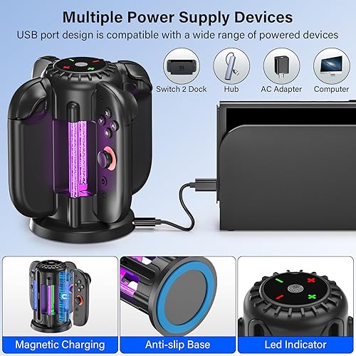 Miniatura 6 de Switch-2-Joycon-Charger - Base de carga para Nintendo Switch 2 JoyCon 2025, luz LED magnética y de burbujas, estación de carga rápida para Nintendo