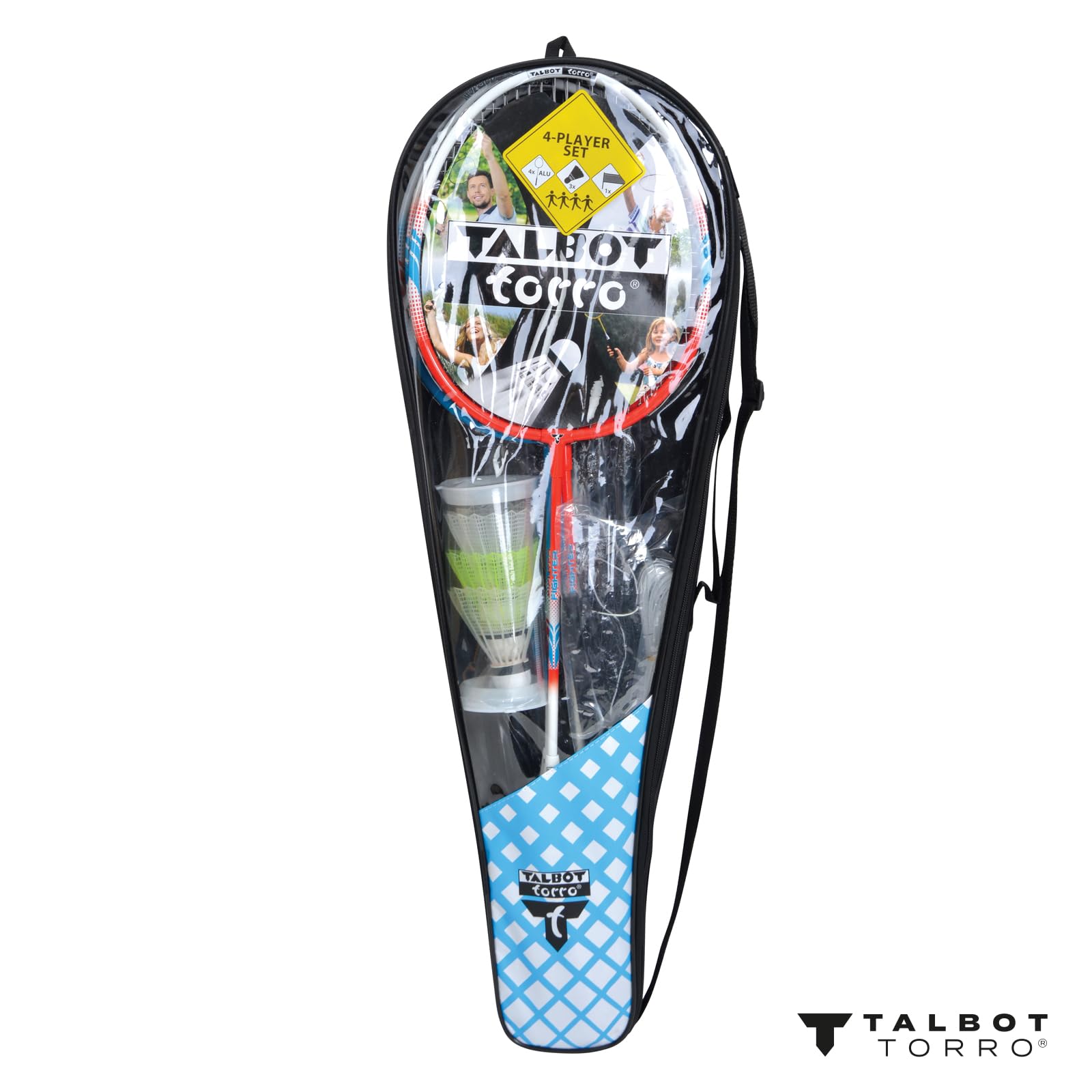 Talbot Torro Premium Badminton-Set 4-Fighter, hochwertiges Komplettset mit 4 Alu-Schläger leicht und handlich, 3 Federbälle, komplette Netzgarnitur, in wertiger Tasche