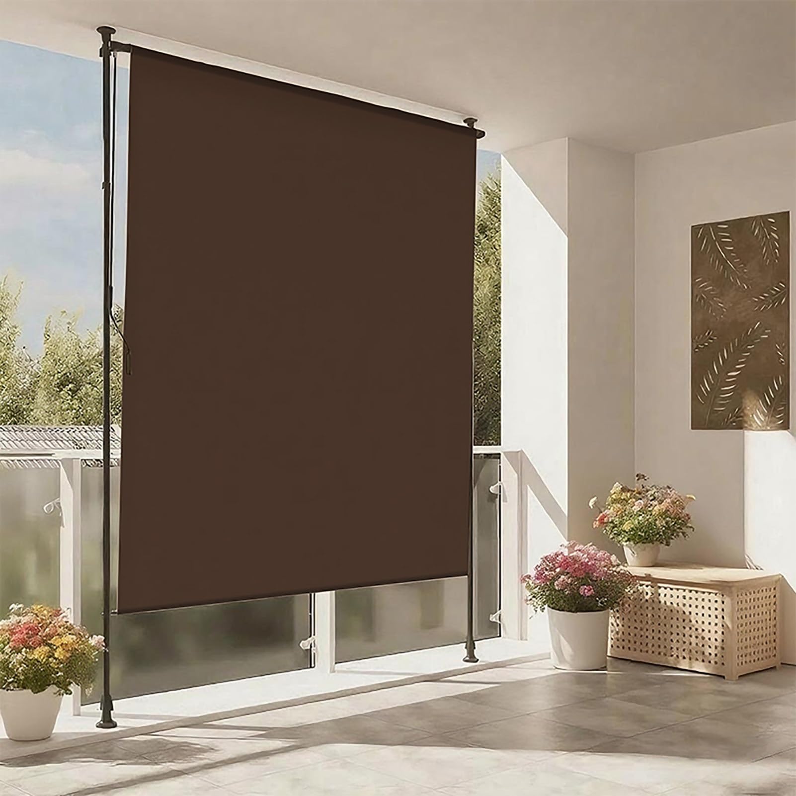 Tenda a rullo regolabile per esterni, tenda retrattile manuale con manovella, parasole verticale e per cortile, giardino, patio (marrone, 150 cm)