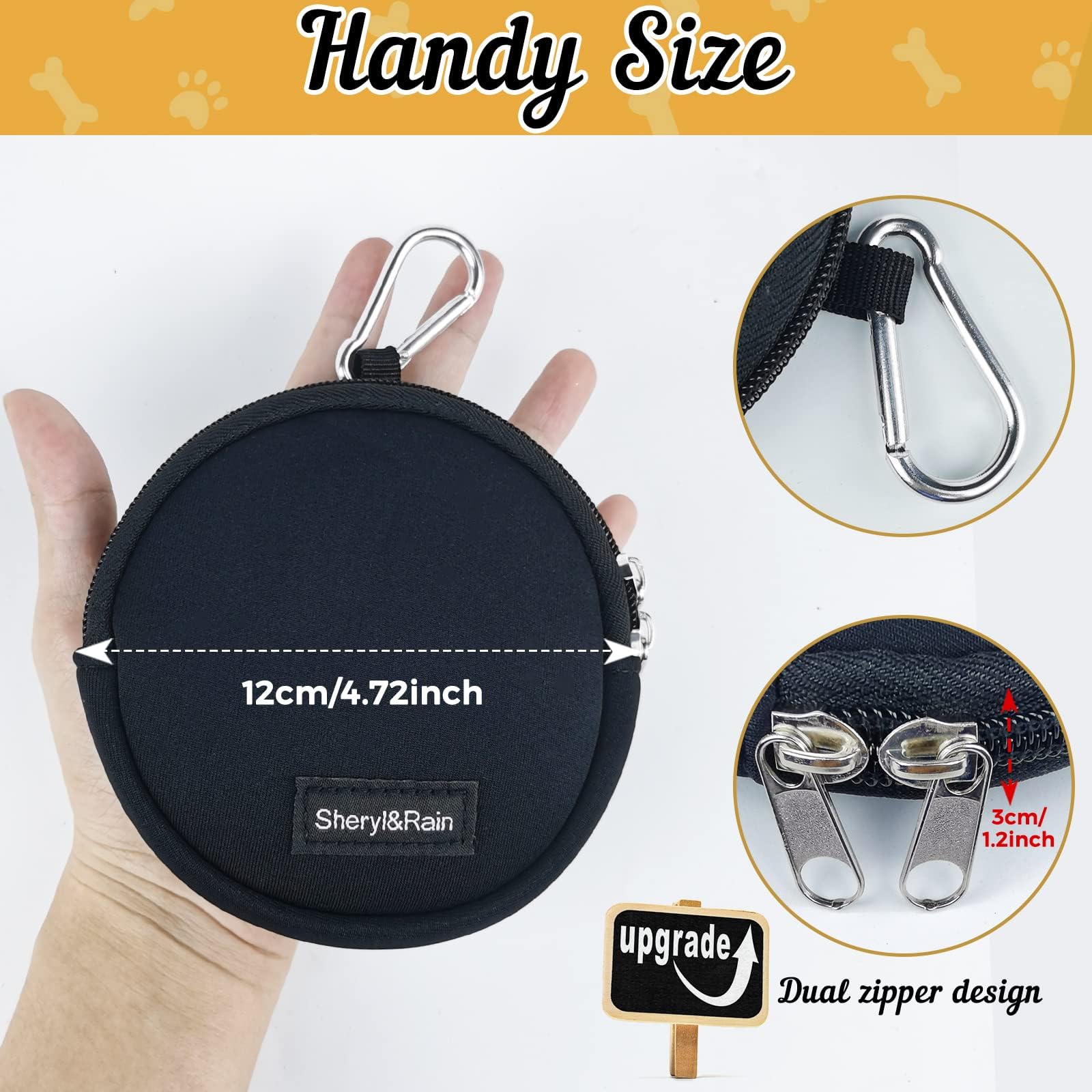 Sheryl&Rain Porta Crocchette per Cani Addestramento con Zip,Porta Premietti per Cani Piccoli,Mini Borsa Addestramento Cane,Sacchetto Addestramento Cane Nero con Moschettone per Viaggio O Uso Esterno