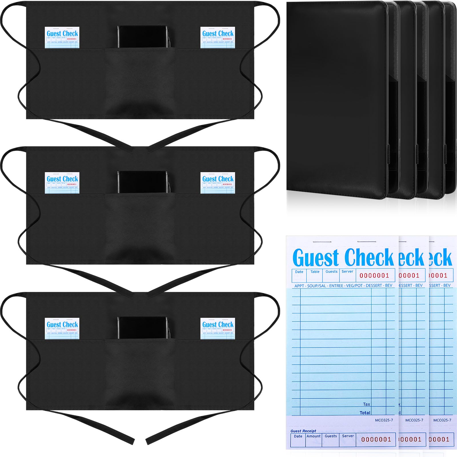 Fulmoon Server Book Server Note Pads and Waist Apron with 3 Pockets Set PU Leather Waiter Book Server Wallet with Zipper Guest Checks Pad Black Server Short Aprons for Restaurant Waitress(9 Pcs)
