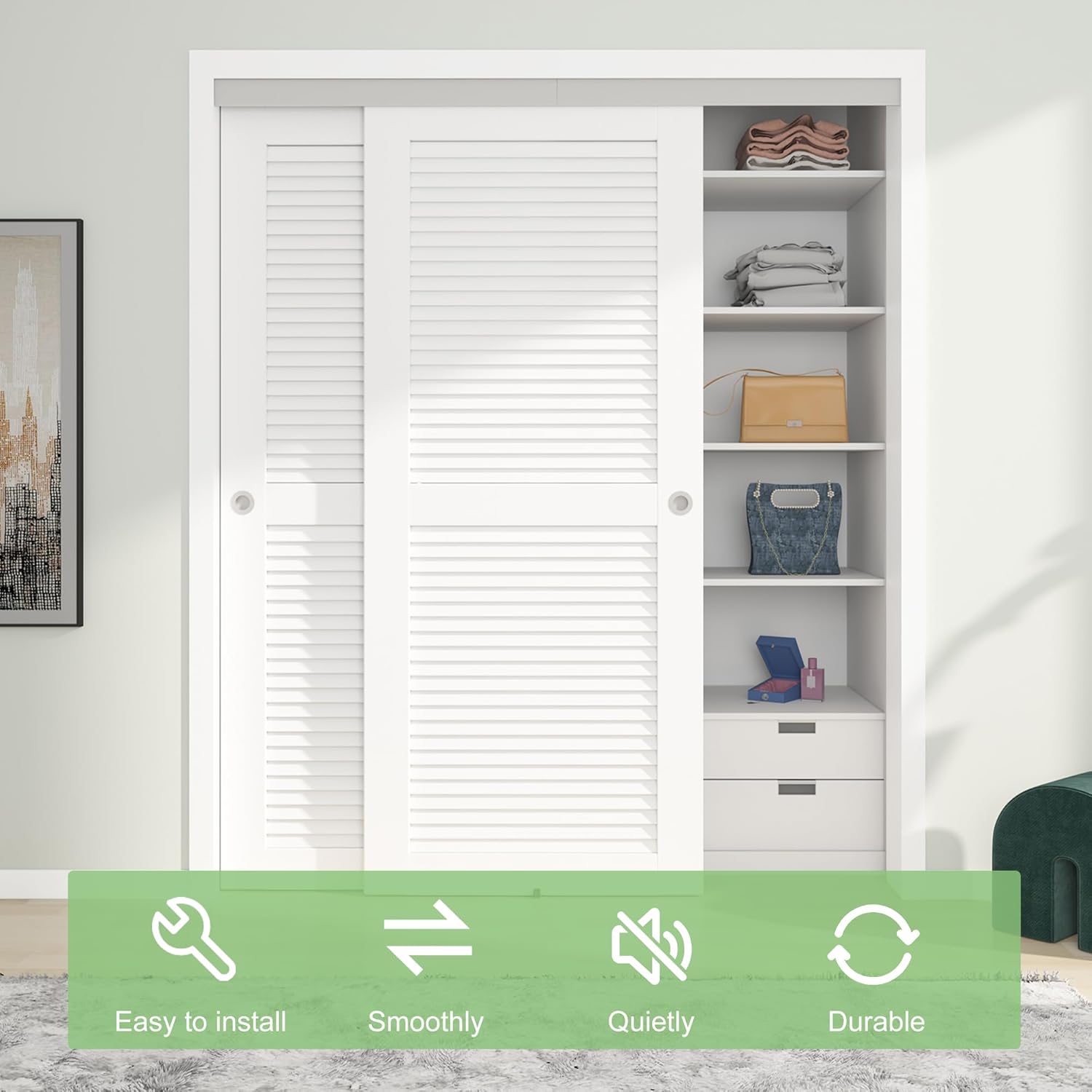6FT/72(Double 3FT) Bypass Door Hardware, Aluminum Double-Closing Sliding Closet Door Hardware with Finger Pull Included, Smoothly and Quietly, Fit Door Thickness 1 3/8" or 1 3/4", Silver